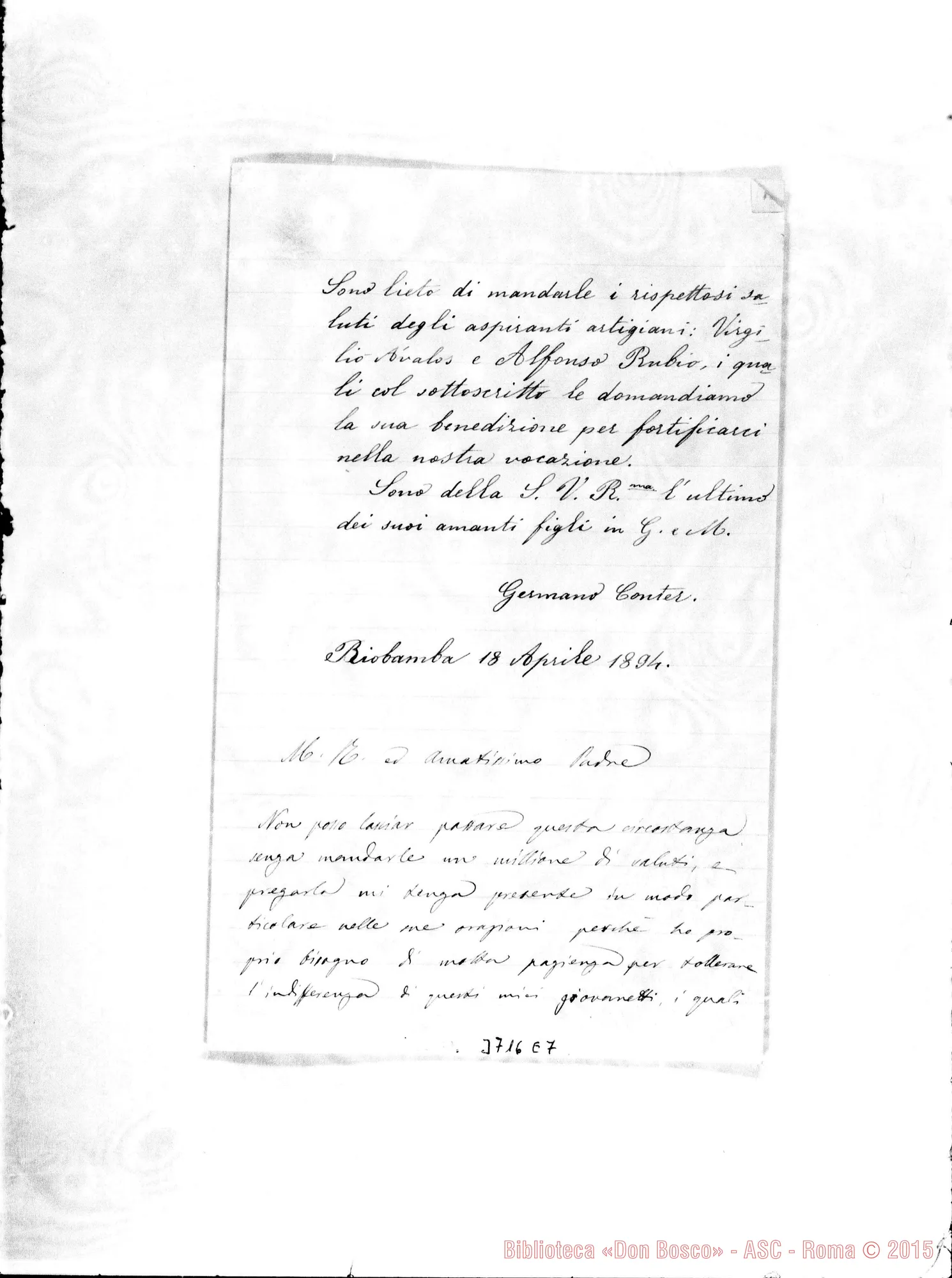 Fotogramma E 7 — Conter Germano, SDB Riobamba, 18-04-1894 Autogr. Rua