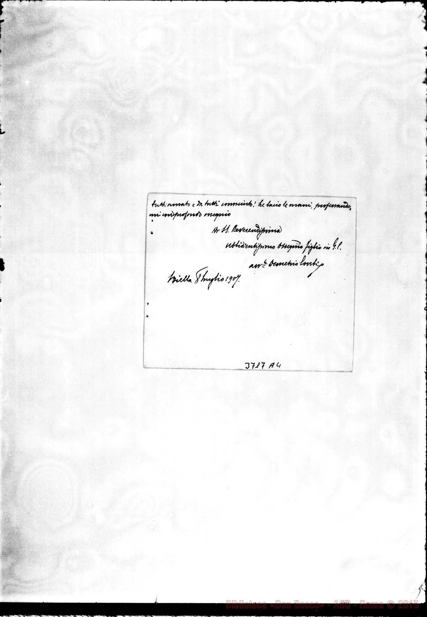 Fotogramma A 4 — Conti Demetrio, Avv. Biella, 8-07-1907 Bigliettino