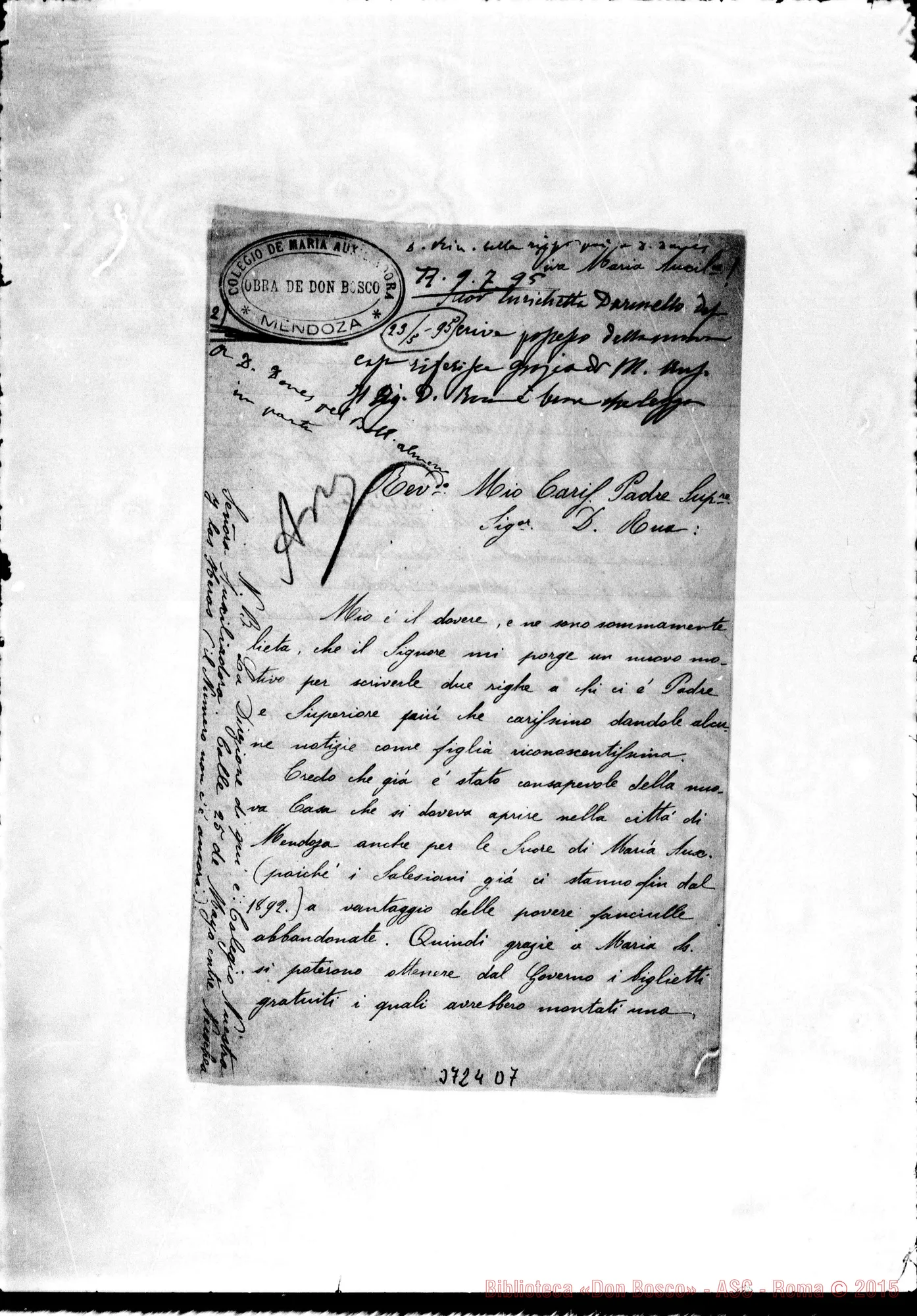Fotogramma D 7 — Darmello Enrichetta, FMA Mendoza, 23-05-1895 Autogr. Rua