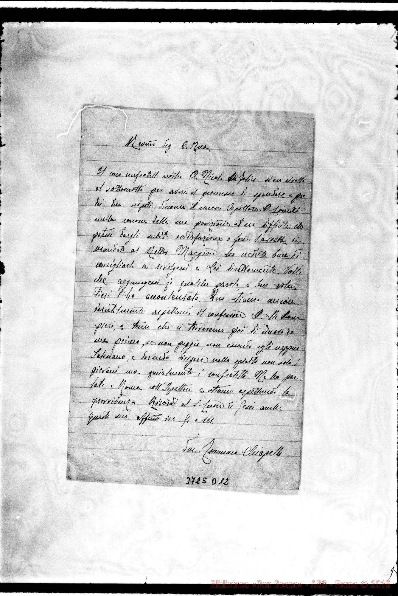 Fotogramma D 12 — De Felice Nicola, SDB Castellammare, 25-10-1902 Autogr. Rua Anche D. Chiapello