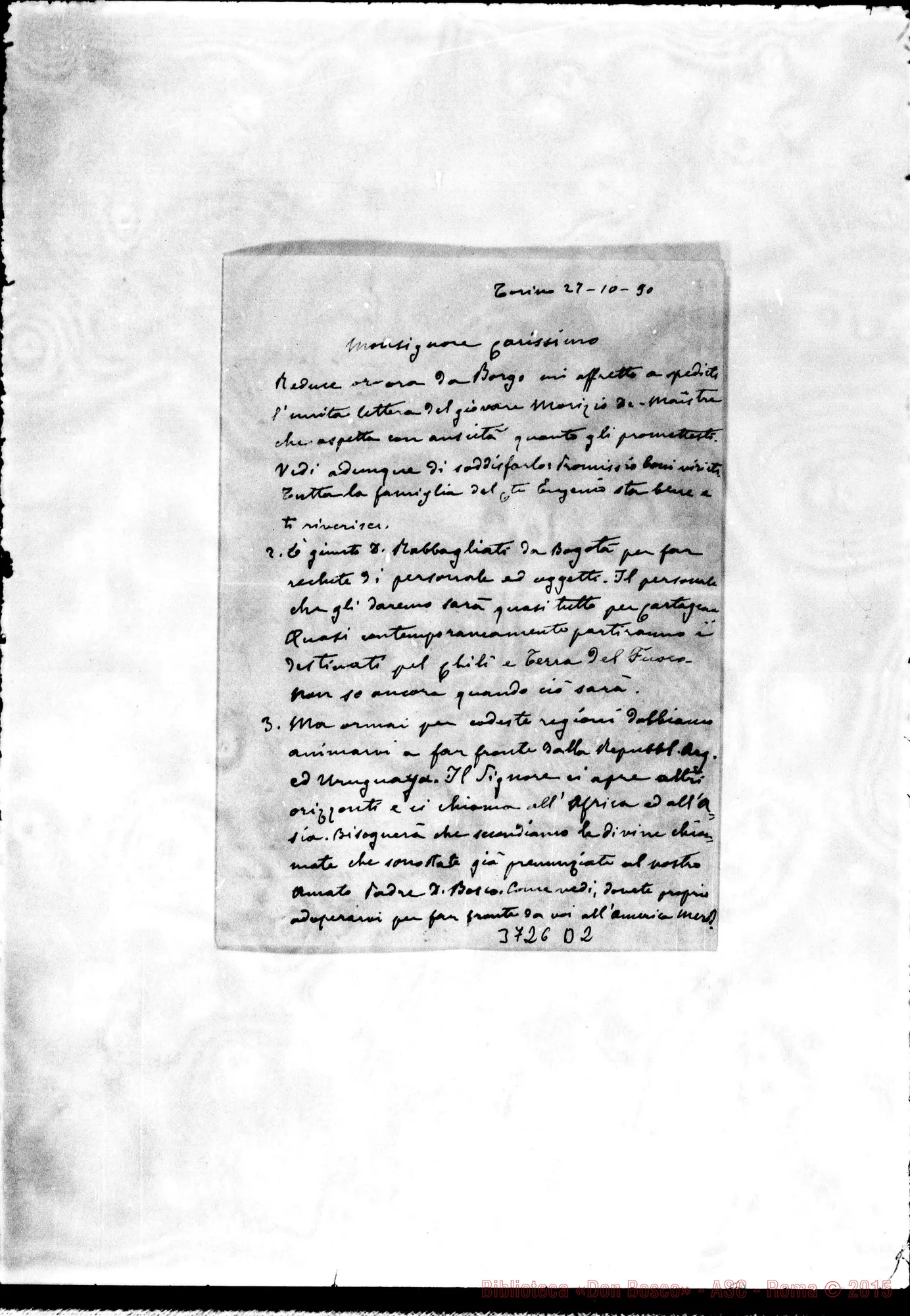 Fotogramma D 2 — De Maistre Maurice Borgo, 27-10-1890 Segue lett. ms. autogr. D. Rua A Mons. Cagliero