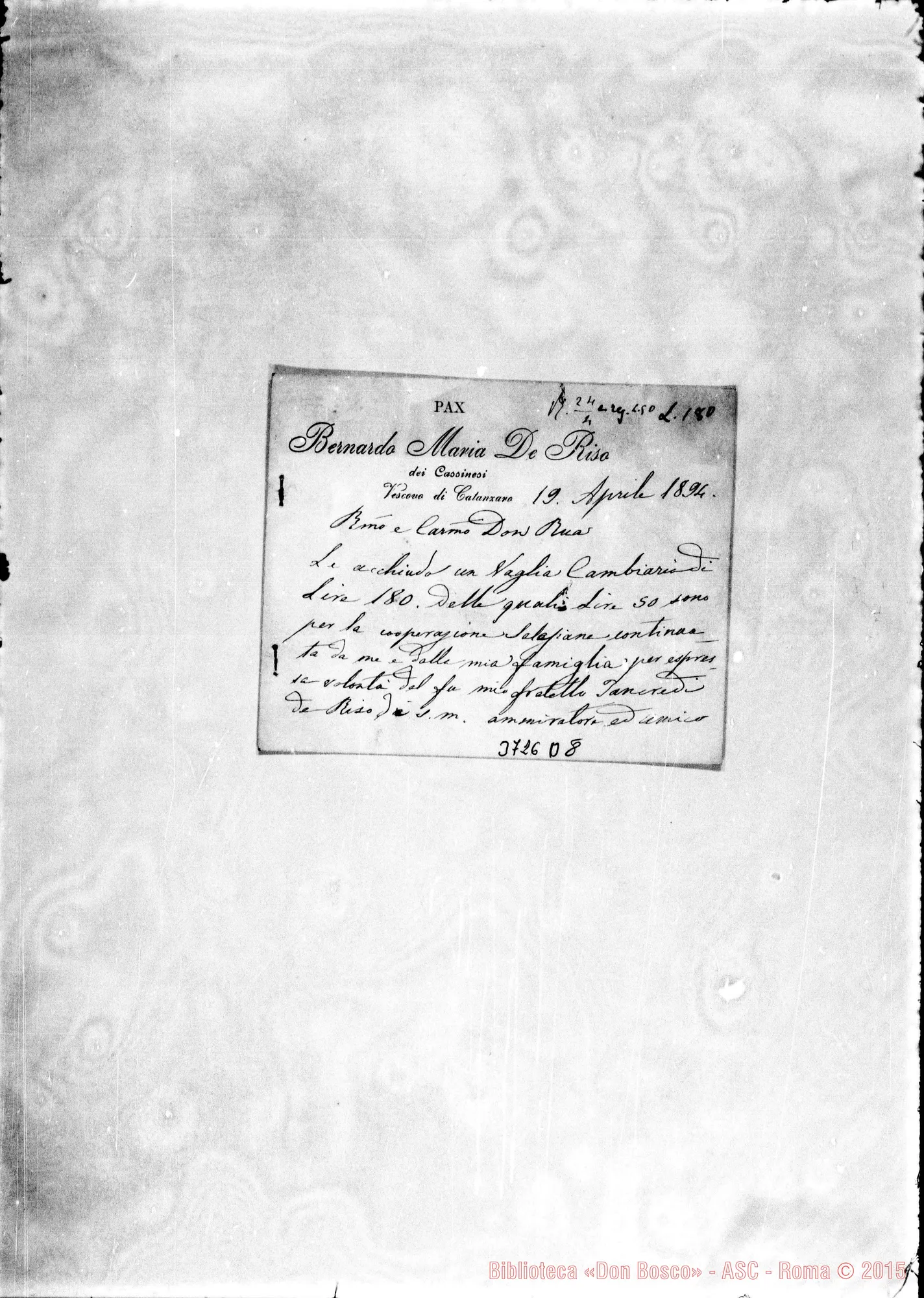 Fotogramma D 8 — De Riso Bernardo M., vesc. di Catanzaro, 19-04-1894 Bigliettino