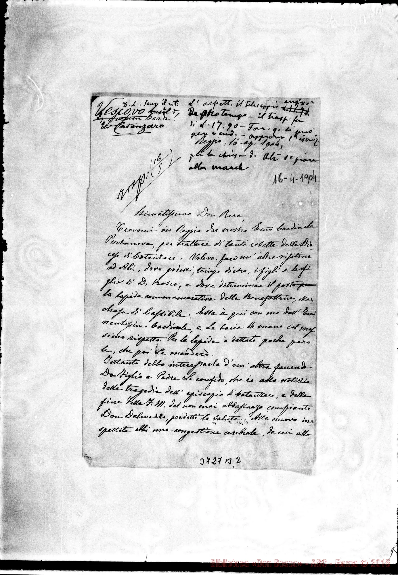 Fotogramma B 2 — Di Maria Pietro, vesc. di Catanzaro, 16-04-1904 Autogr. Rua Incompleta