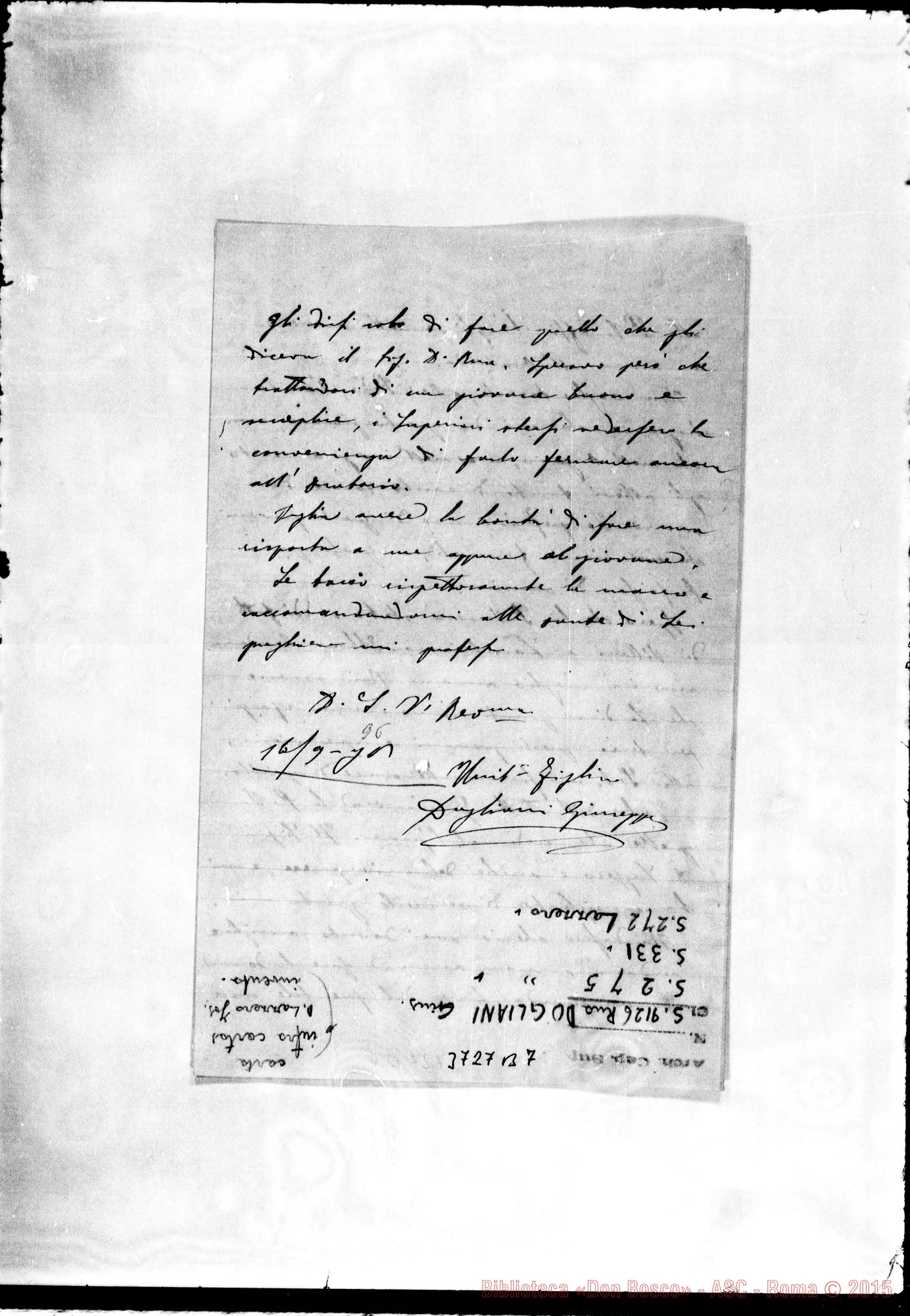 Fotogramma B 7 — Dogliani Giuseppe, SDB Torino, 1-09-1896 Autogr. Rua