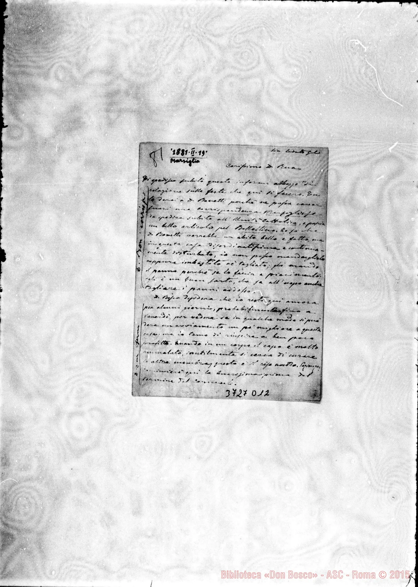 Fotogramma D 12 — Durando Celestino, SDB Marsiglia, 19-02-1881 Autogr. Rua