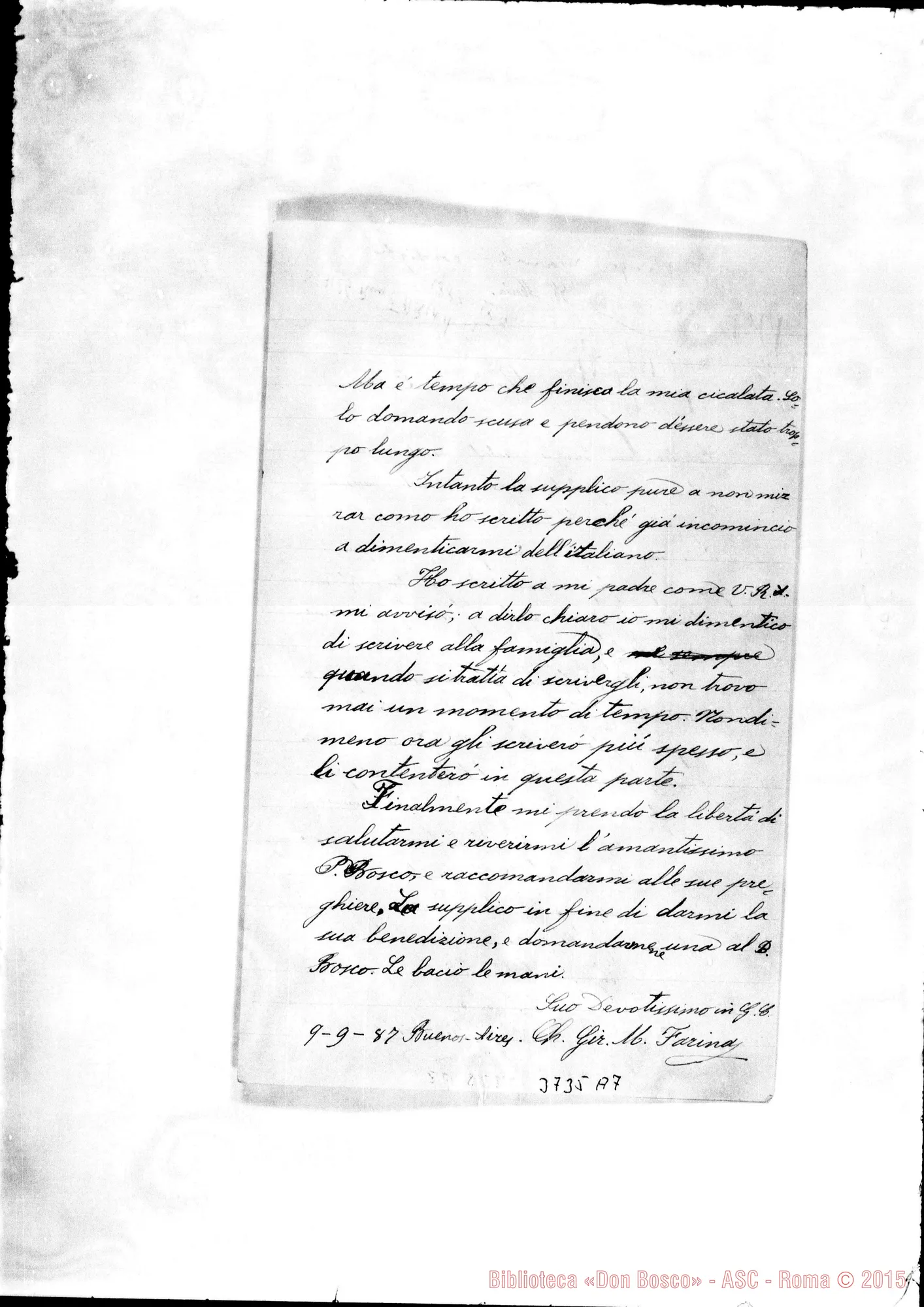 Fotogramma A 7 — Farina Girolamo, ch. Buenos A., 9-09-1887 Autogr. Rua All. lett. del ch. Baglietto Cristobài