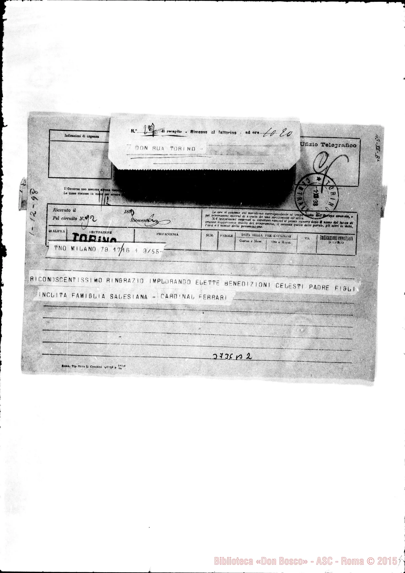 Fotogramma B 2 — « « Milano, 1-12-1898 Telegramma