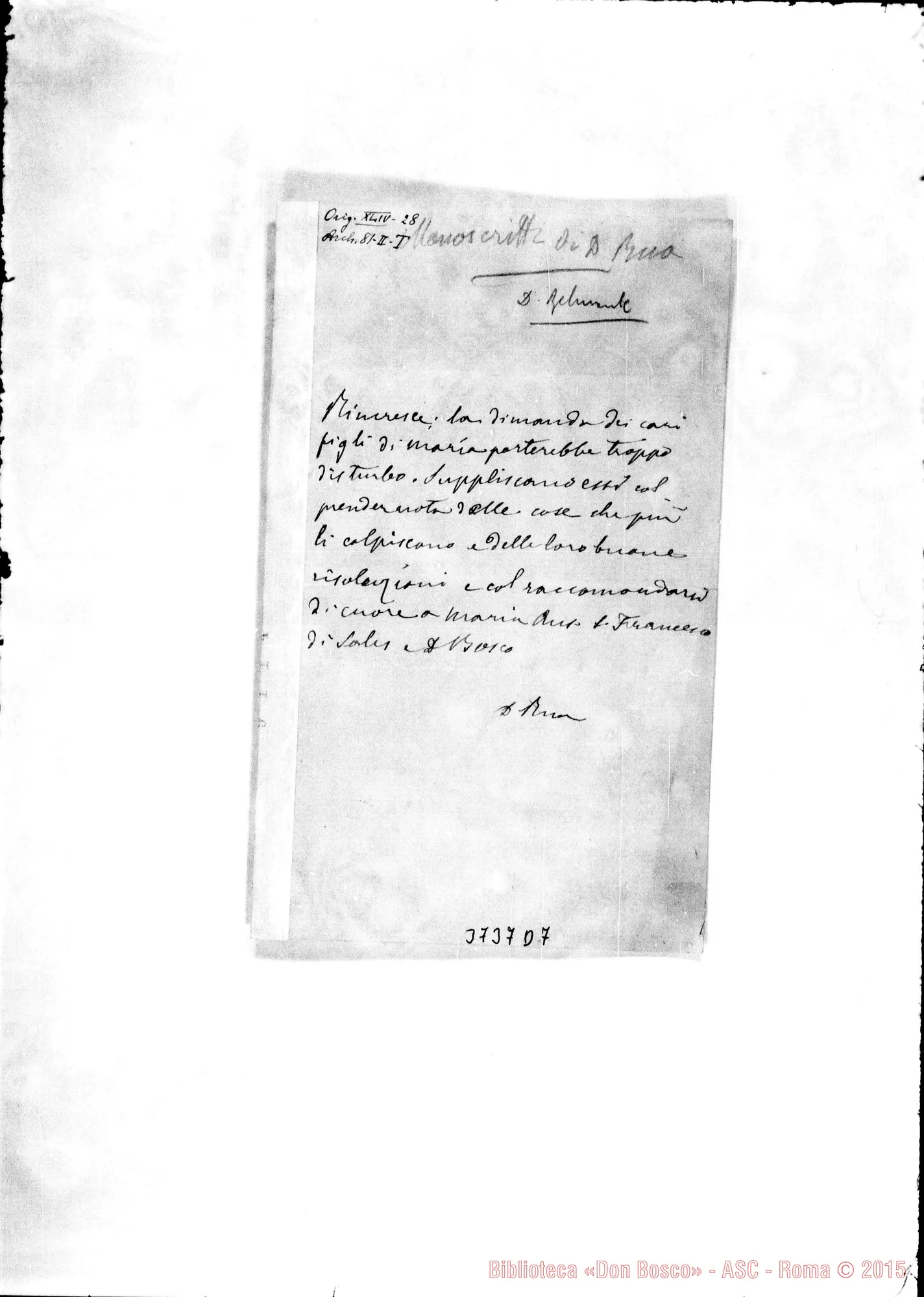 Fotogramma D 7 — Figli di Maria s.l. s.d. Sul retro lett. ms. autogr. di D. Rua a D. Belmonte