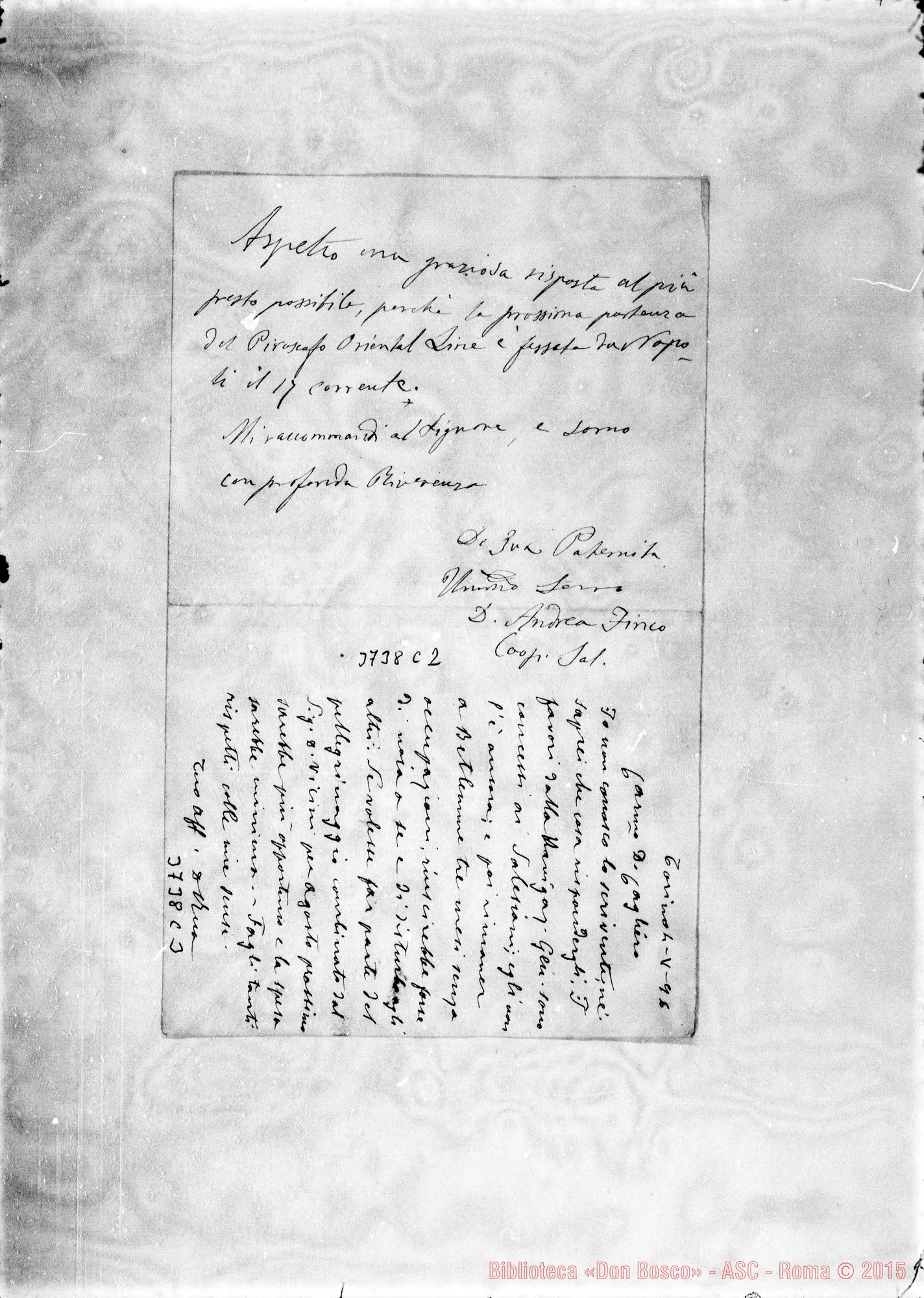 Fotogramma C 2 — Fineo Andrea, coop. Roma, 2-05-1896 Segue lett. ms. autogr. D. Rua A D. Cagliero C.