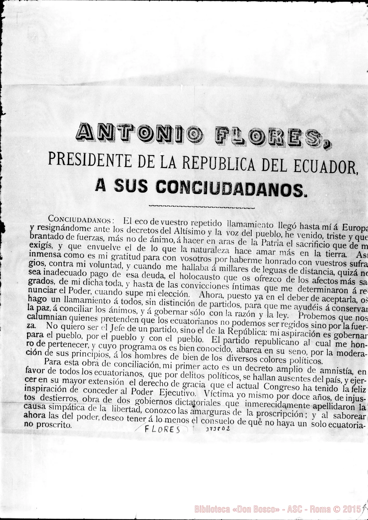 Fotogramma D 2 — Flores Antonio, Pres. dell’Equatore, 27-04-1889 All. manifesto amnistia politica
