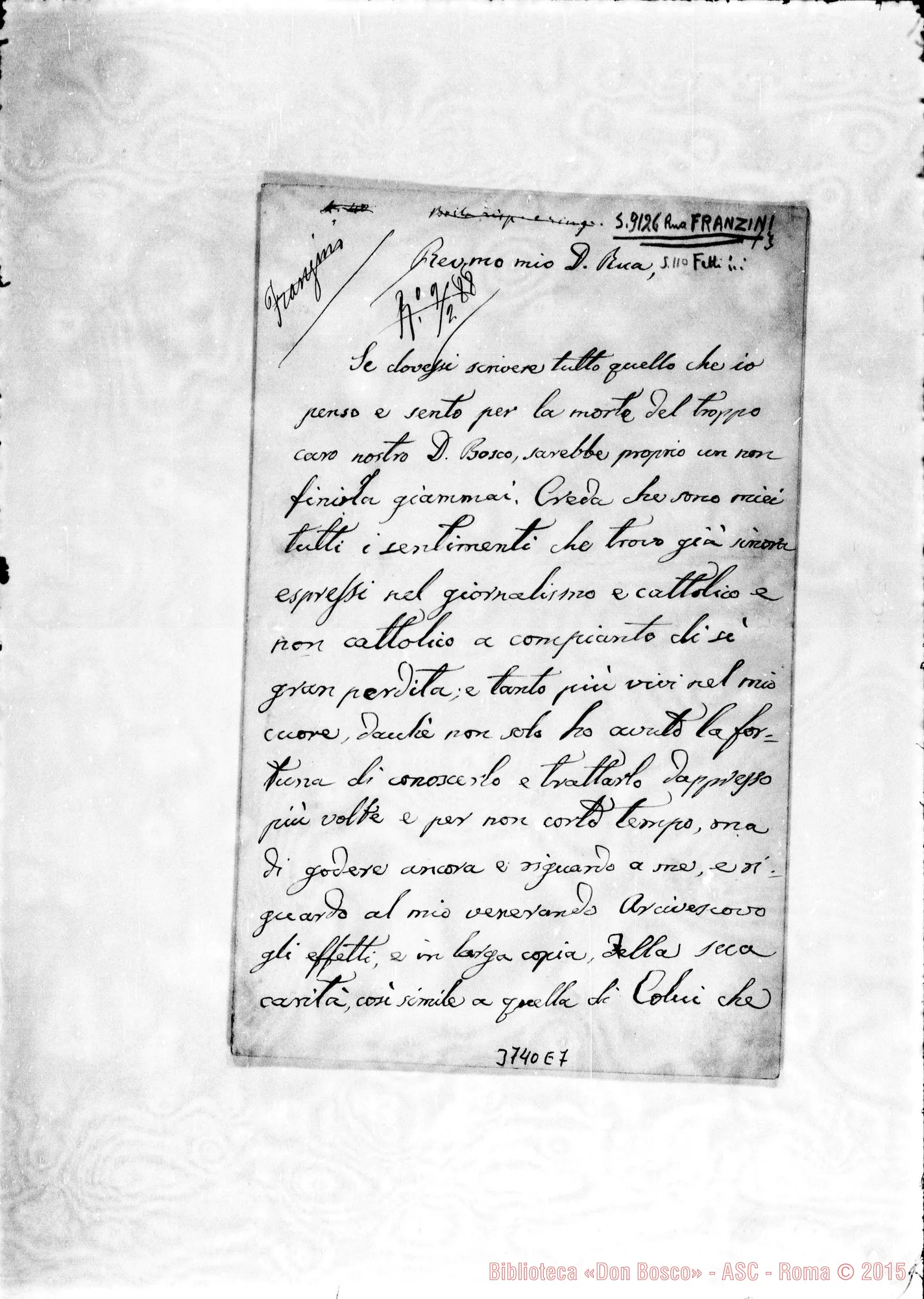 Fotogramma E 7 — Franzini Massimiliano, sac. Roma, 4-02-1888 Autogr. Rua