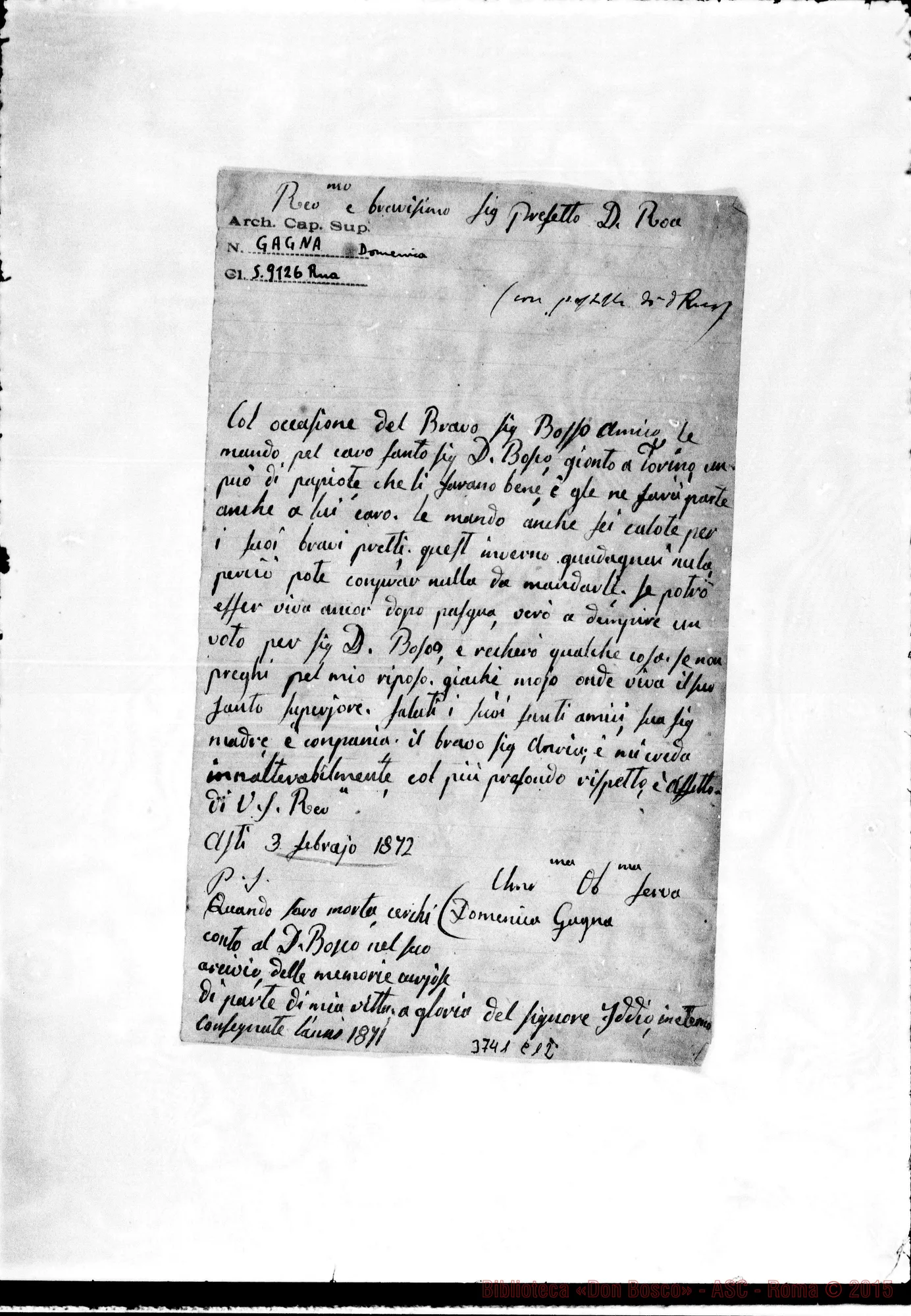 Fotogramma C 12 — Gagna Domenica Asti, 3-02-1872 Autogr. Rua