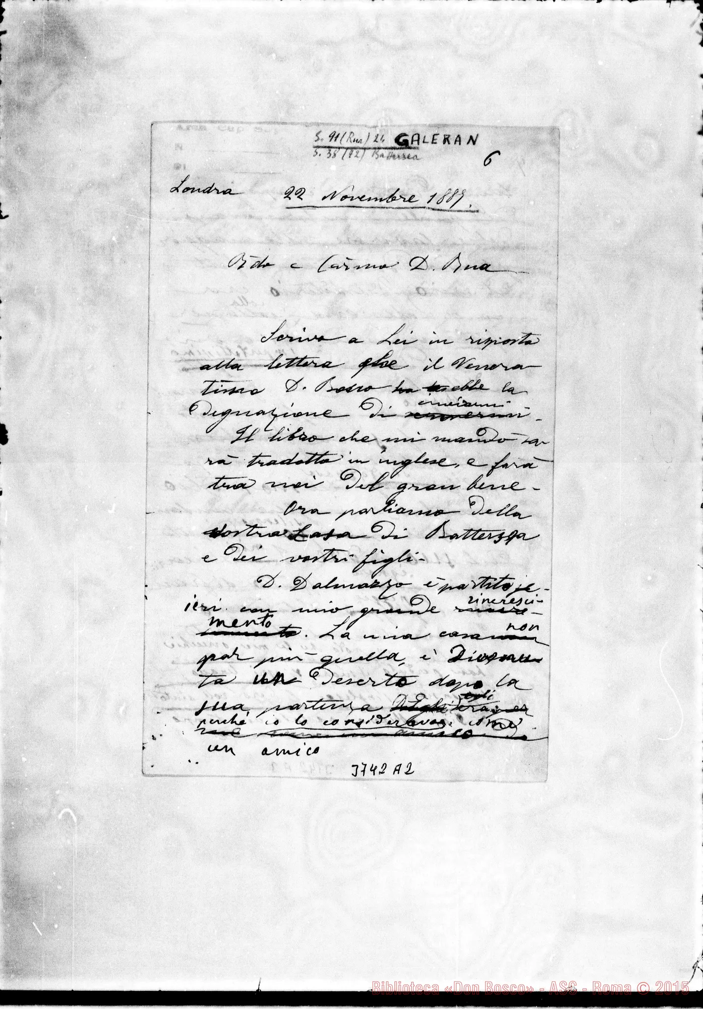 Fotogramma A 2 — Galeran H.D. Battersea, 22-11-1887 All. traduzione