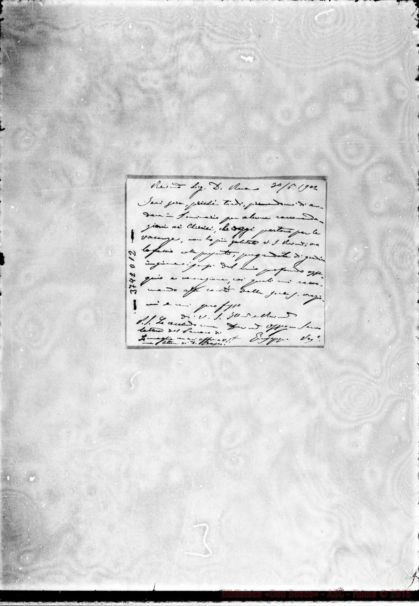 Fotogramma D 12 — Gamba Giuseppe, vesc. di Biella, 30-06-1902 Biglietto