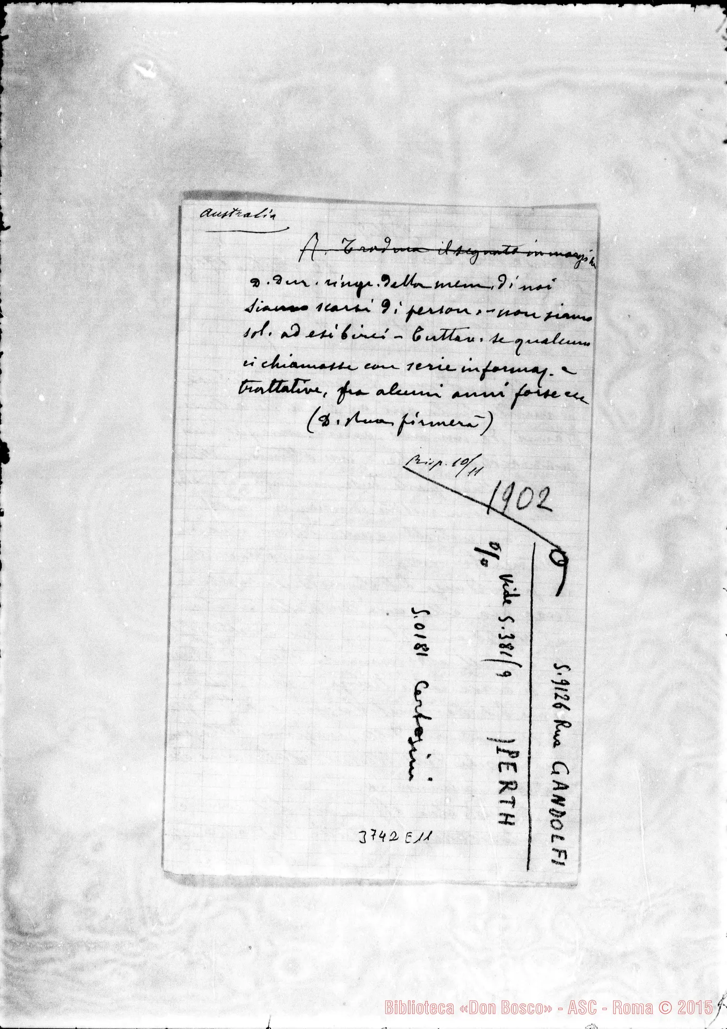 Fotogramma E 11 — Gandolfi Nicolò, sac. Certosa, 25-10-1902 Autogr. Rua