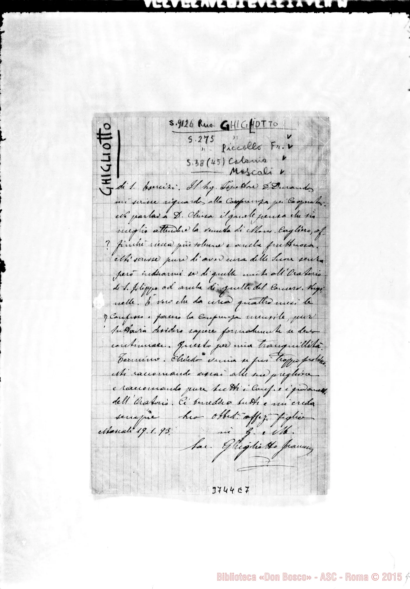 Fotogramma E 7 — Ghigliotto Francesco, SDB Mascali, 19-01-1893 Autogr. Rua