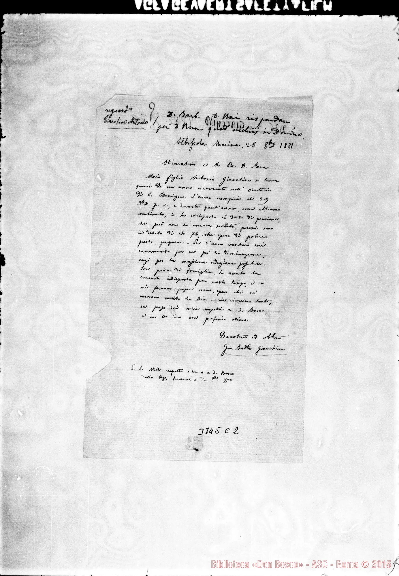 Fotogramma C 2 — Giacchino Giov. Batt. Albisola, 28-10-1881 Autogr. Rua