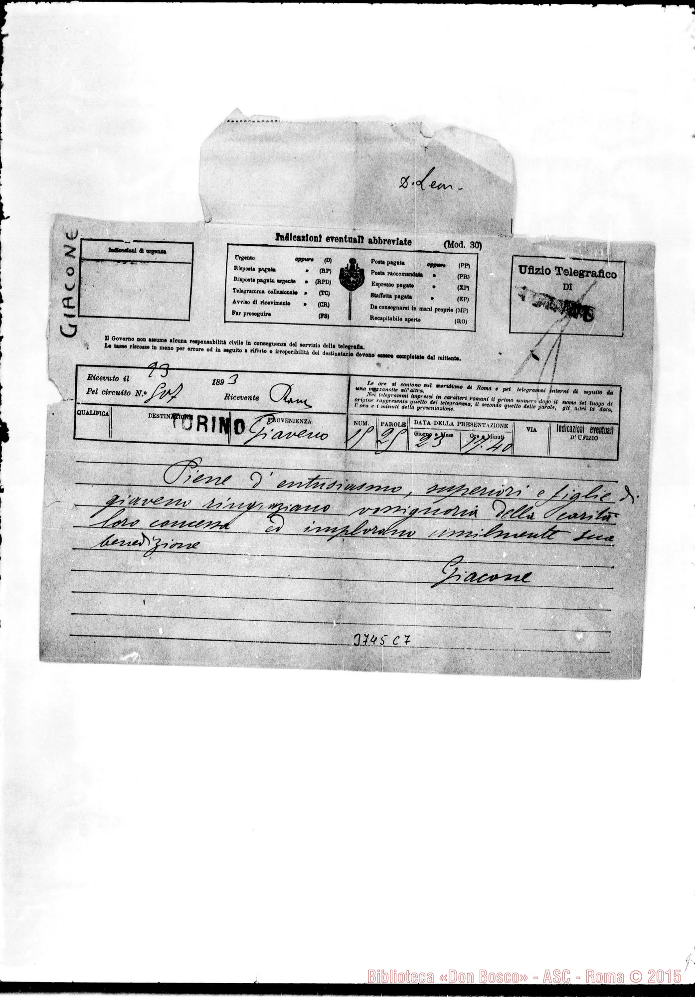 Fotogramma C 7 — Giacone Franc. Giuseppina Giaveno, 23-00-1893 Autogr. Rua