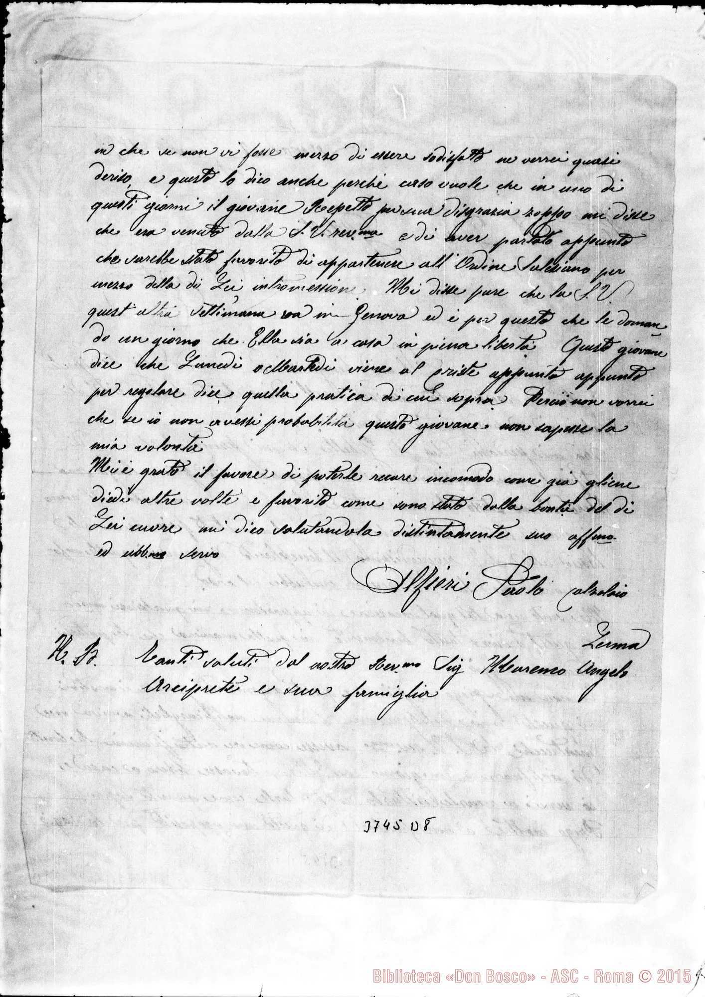Fotogramma D 8 — Gibelli Giuseppe, sac. Rossiglione, 29-01-1897 Autogr. Rua All. lett. di D. Alfieri a D. gibelli