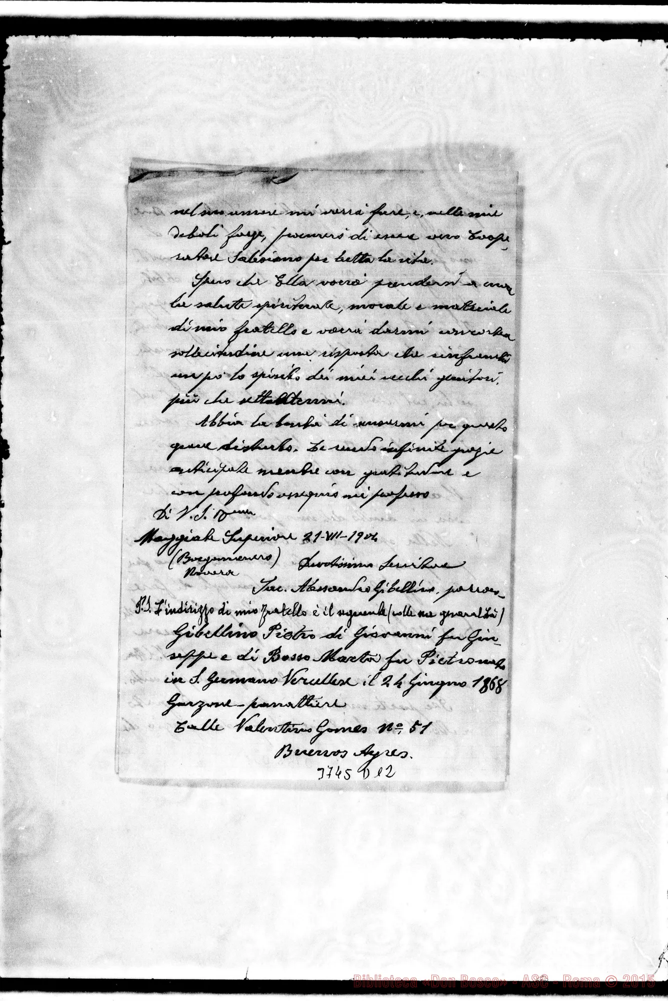 Fotogramma D 12 — Gibellino Alessandro, sac. Buenos A., 21-07-1904 Autogr. Rinaldi