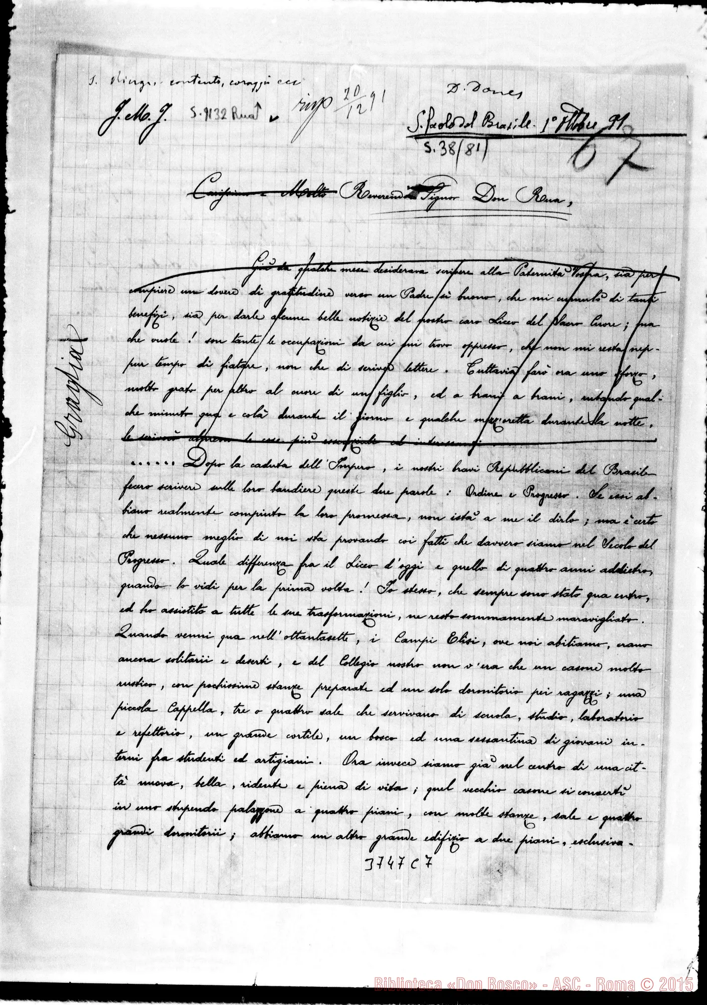 Fotogramma C 7 — Graglia Carlo, SDB S. Paolo, 1-10-1891 Autogr. Rua