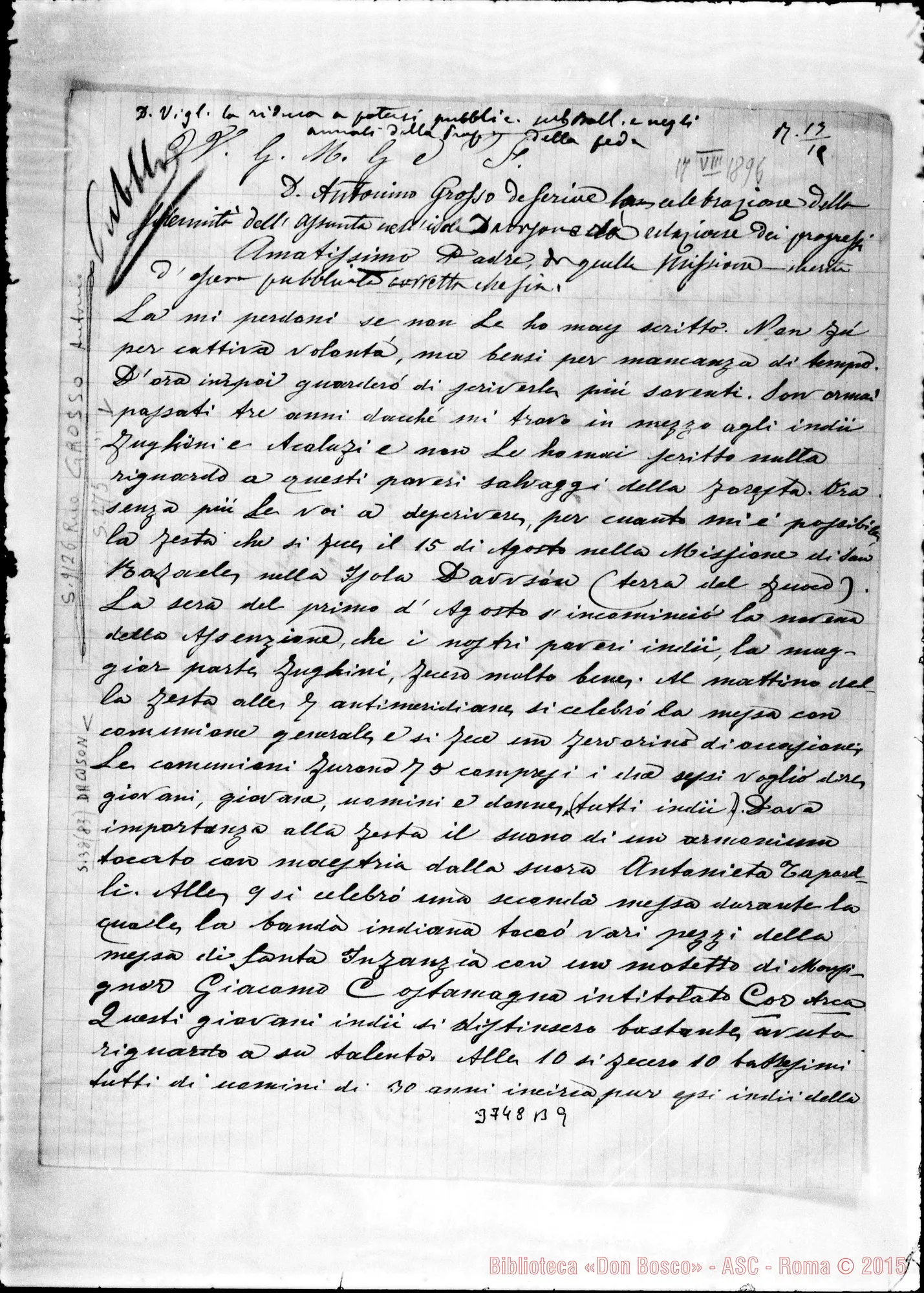 Fotogramma B 9 — Grosso Antonino, SDB Dawson, 17-08-1896 Autogr. Rua