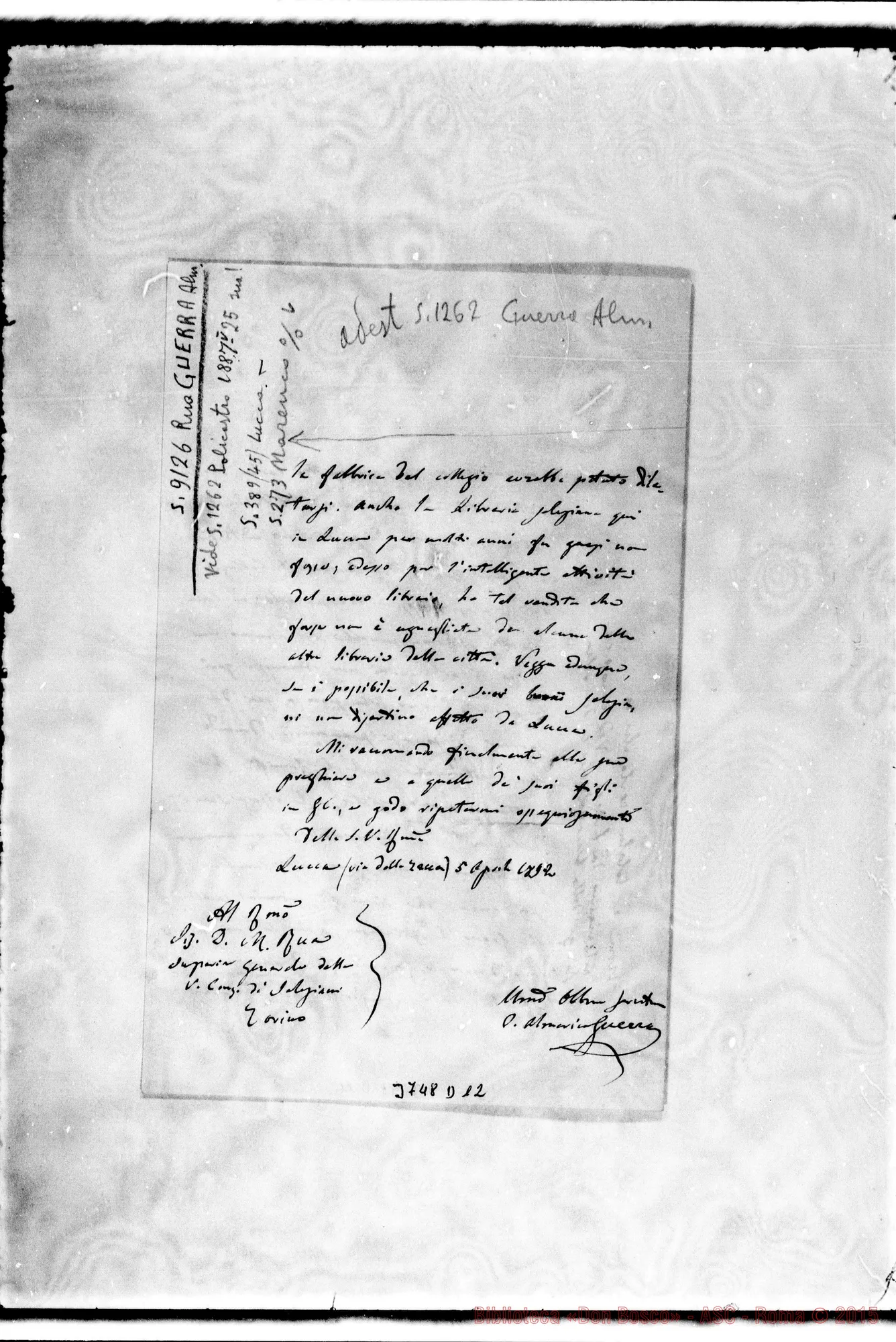 Fotogramma D 12 — Guerra Almerico Lucca, 5-04-1892 Autogr. Rua