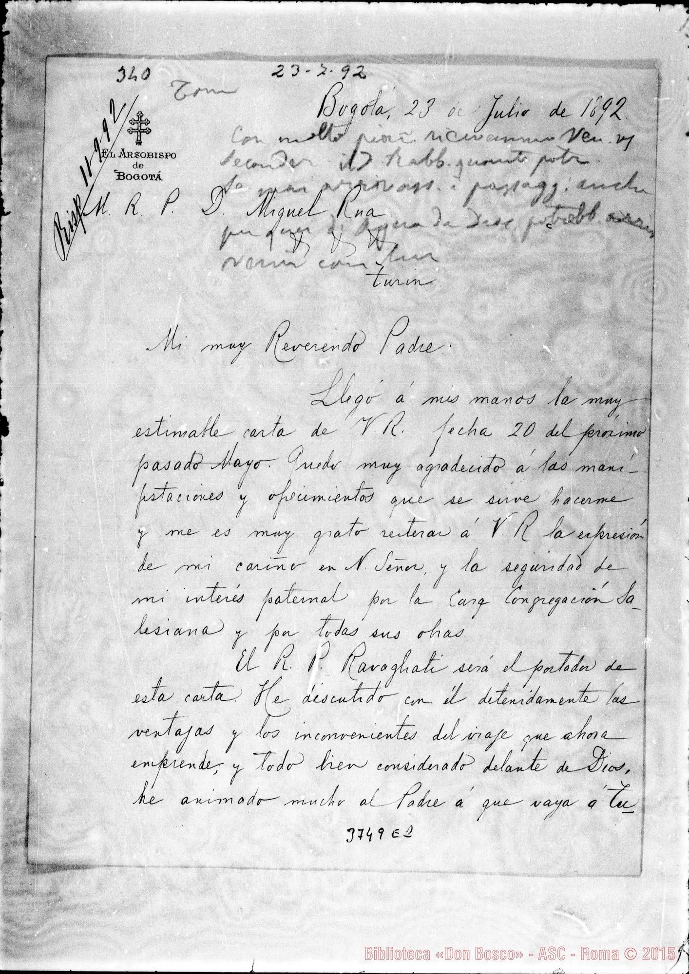 Fotogramma E 2 — Herrera Restrepo, arciv. di Bogotá, 23-07-1892 Autogr. Rua