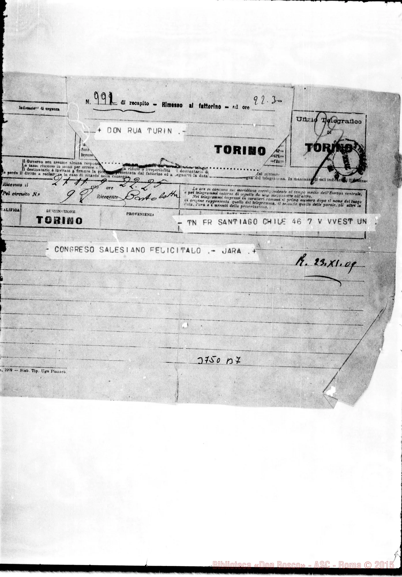 Fotogramma B 7 — « « « Santiago, 23-11-1909 Autogr. Rua Telegramma