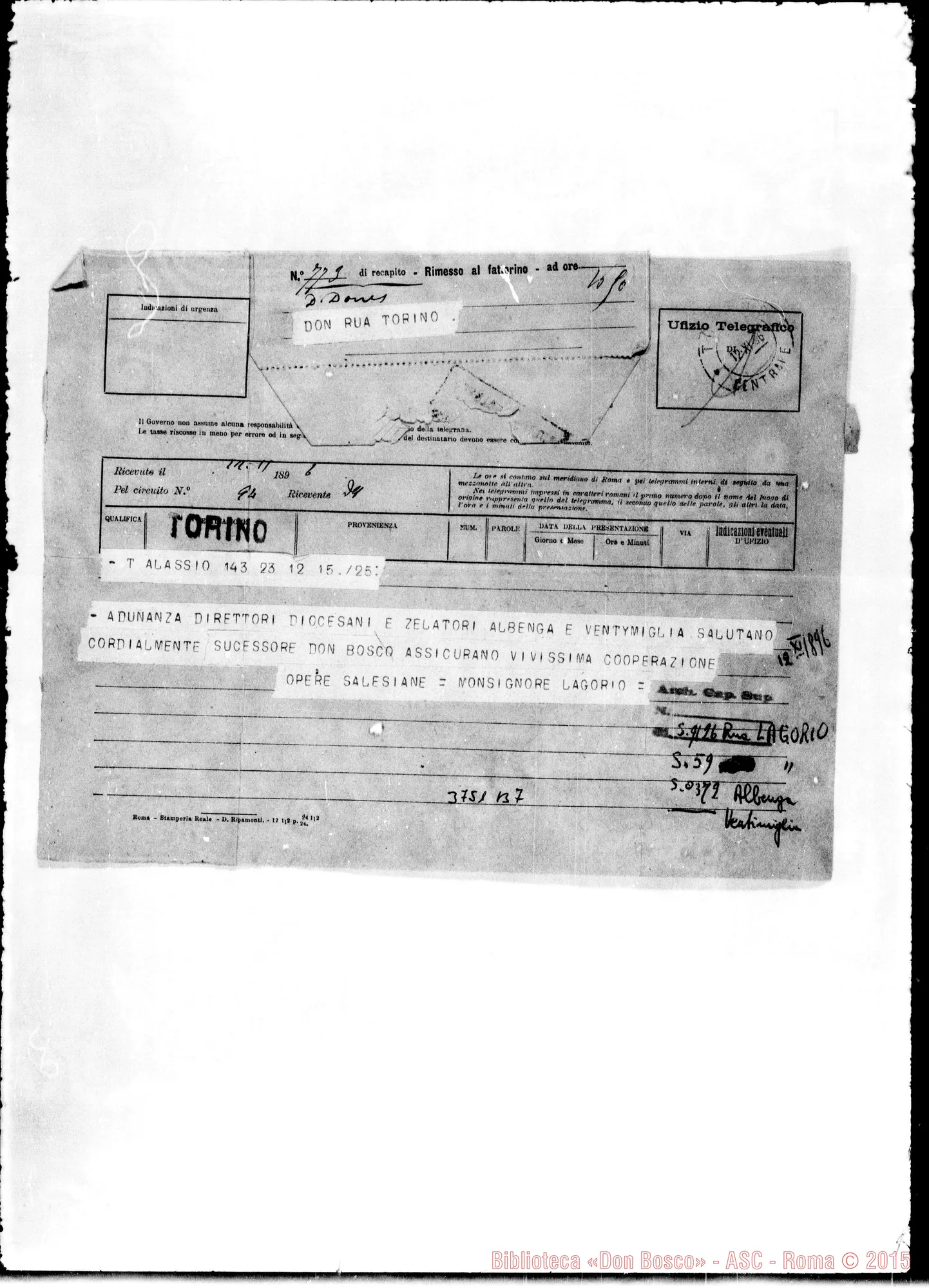 Fotogramma B 7 — Lagorio, mons. Alassio, 12-11-1896 Autogr. Rua Telegramma