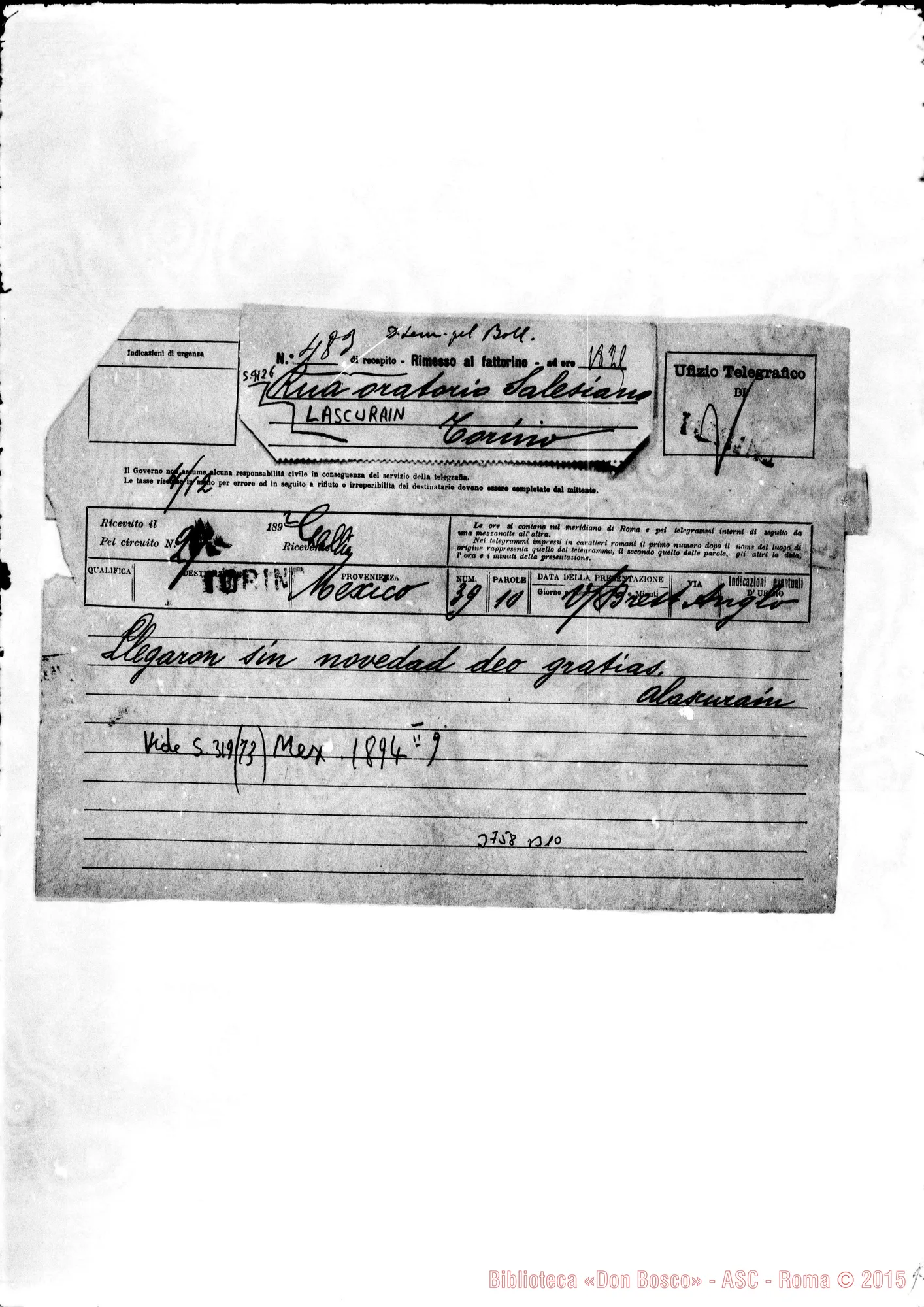 Fotogramma B 10 — « « México, 4-12-1894 Autogr. Rua Telegramma