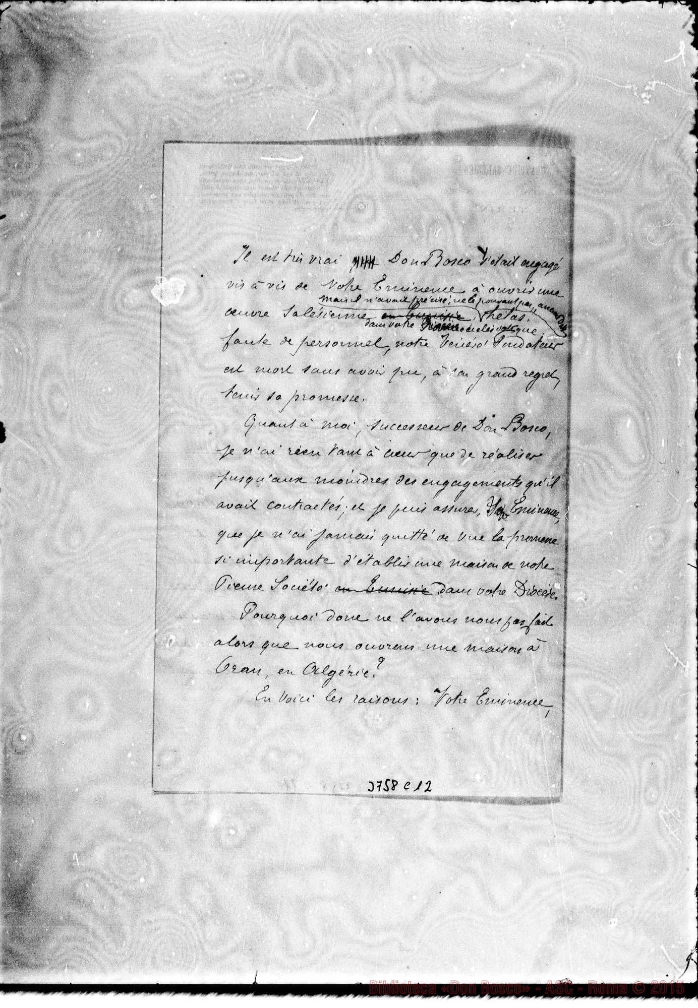 Fotogramma C 12 — Lavigerie Carlo, card, di Alger, 2-07-1891 Autogr. Rua All. minuta di risposta