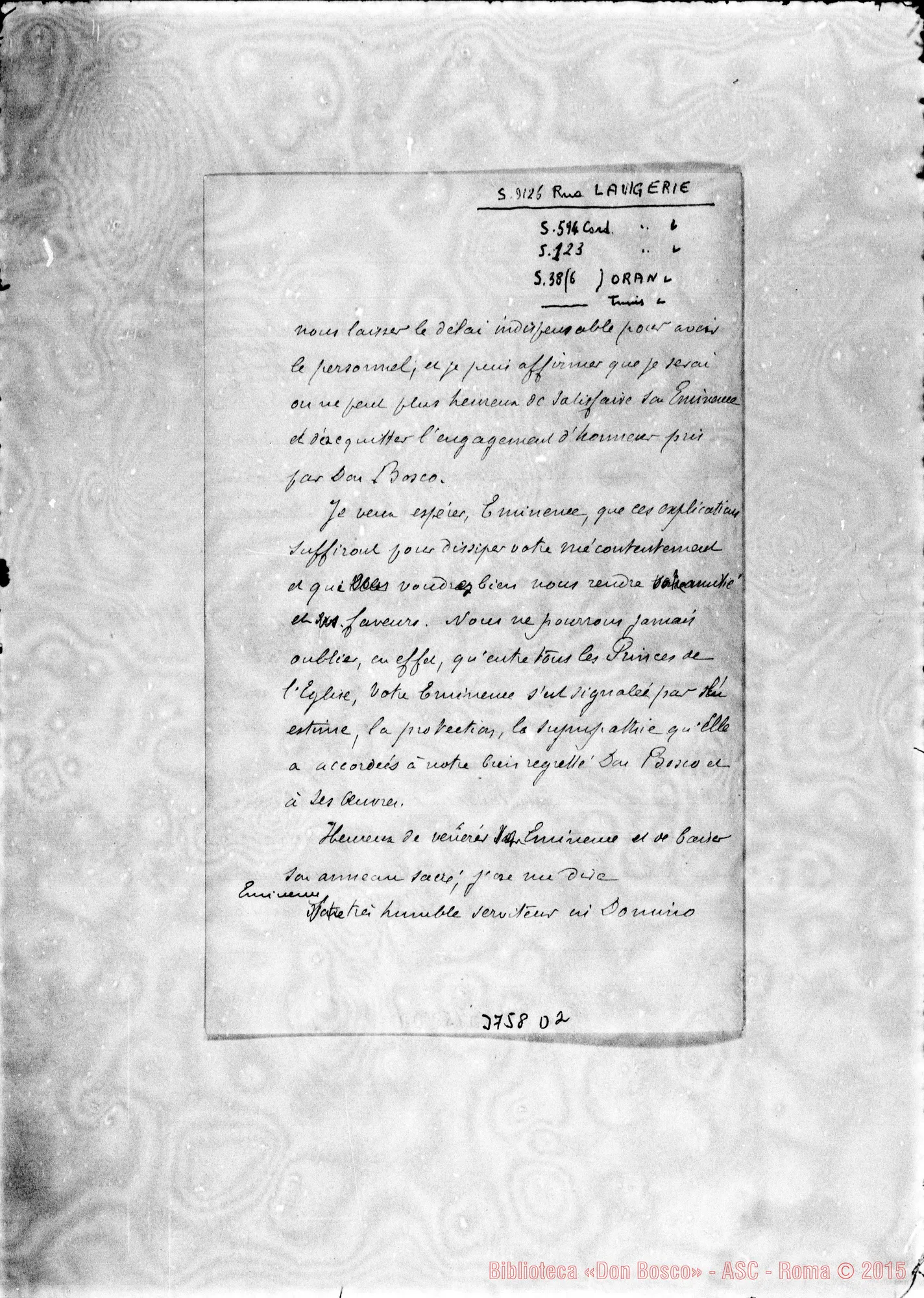 Fotogramma D 2 — Lavigerie Carlo, card, di Alger, 2-07-1891 Autogr. Rua All. minuta di risposta