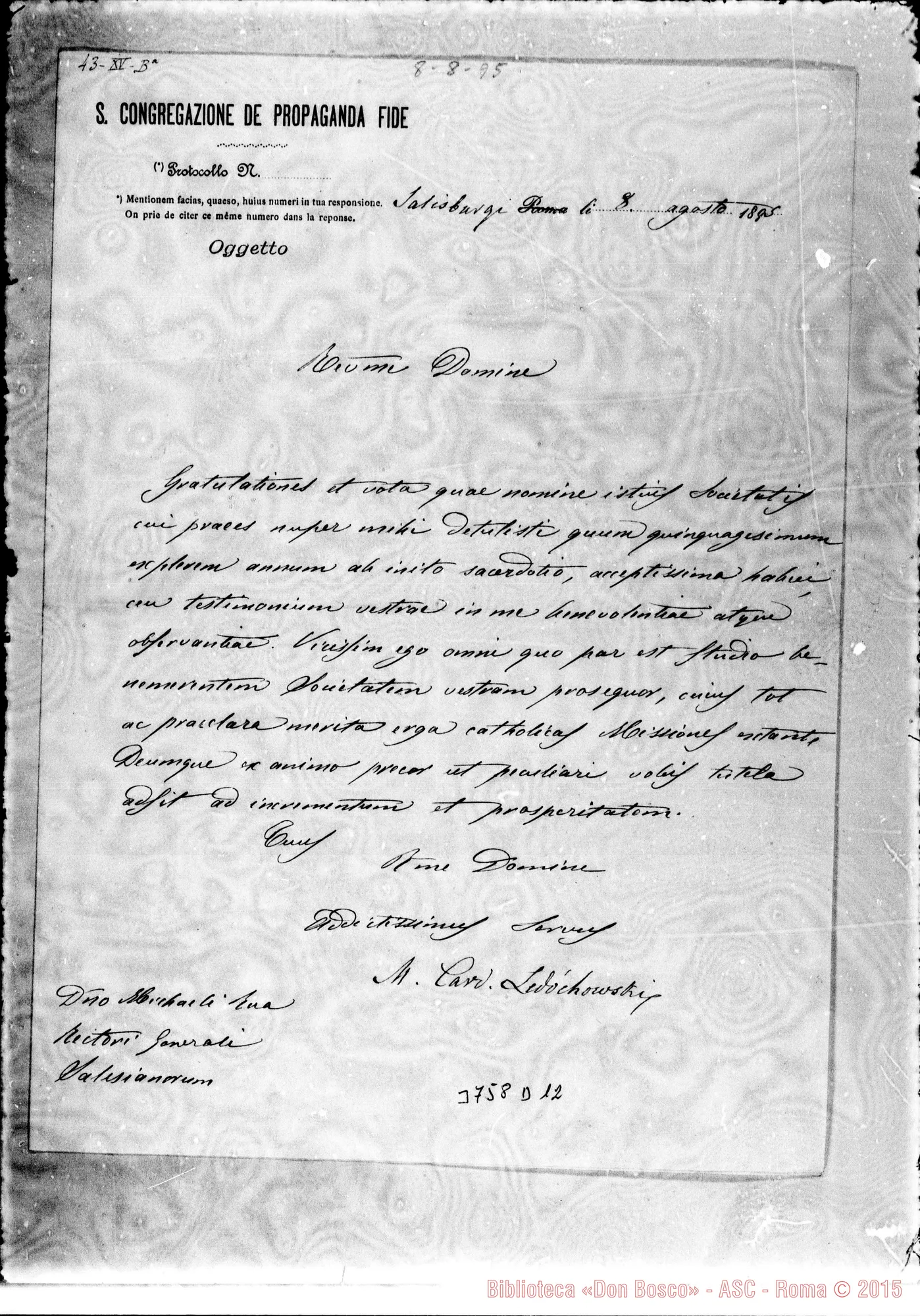 Fotogramma D 12 — Ledóchowski Miecislao, Pref. Pr. Fide Salisburgi, 8-08-1895