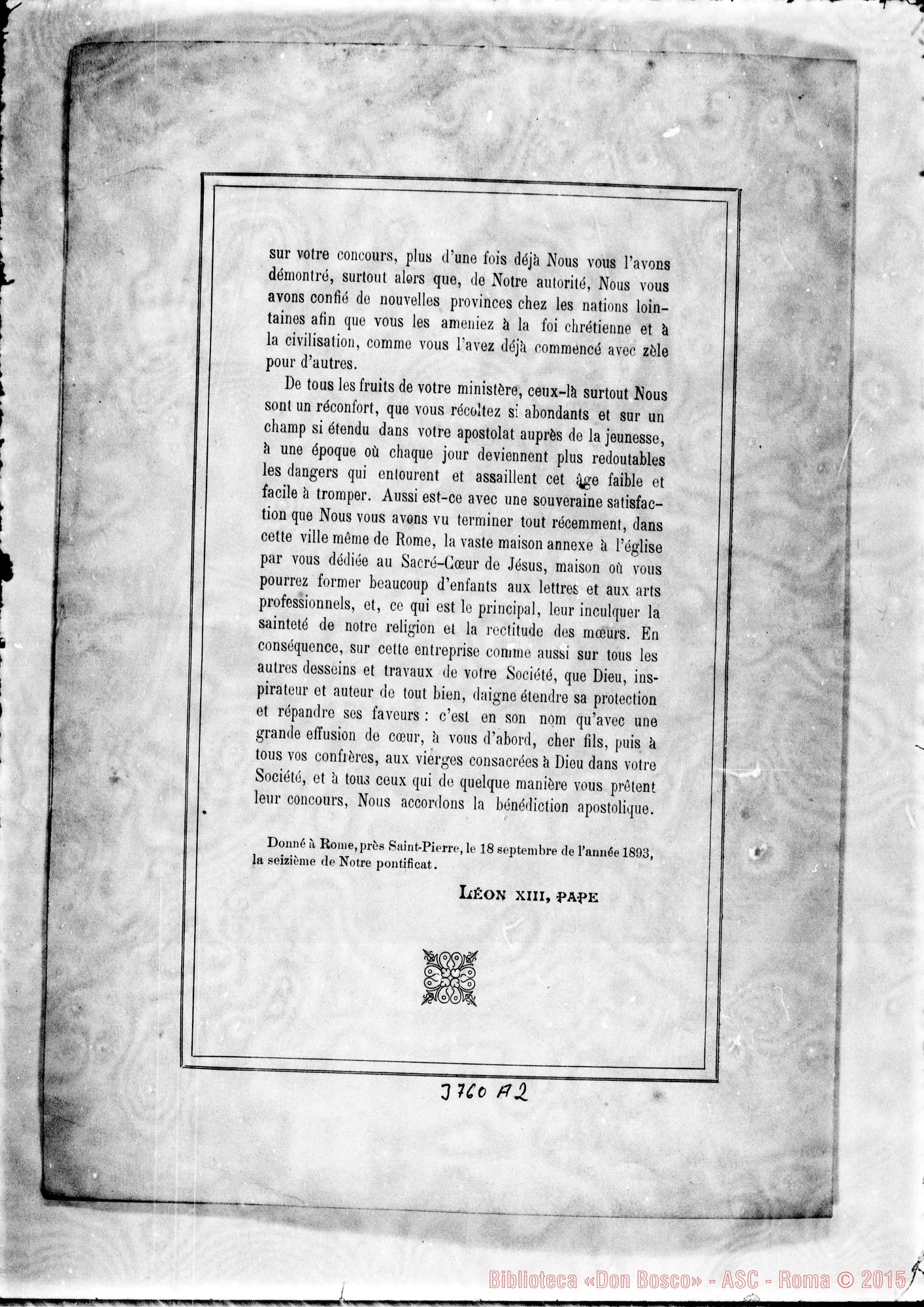 Fotogramma A 2 — Leone XIII, Papa Roma, 18-09-1893 Stampata in francese E latino