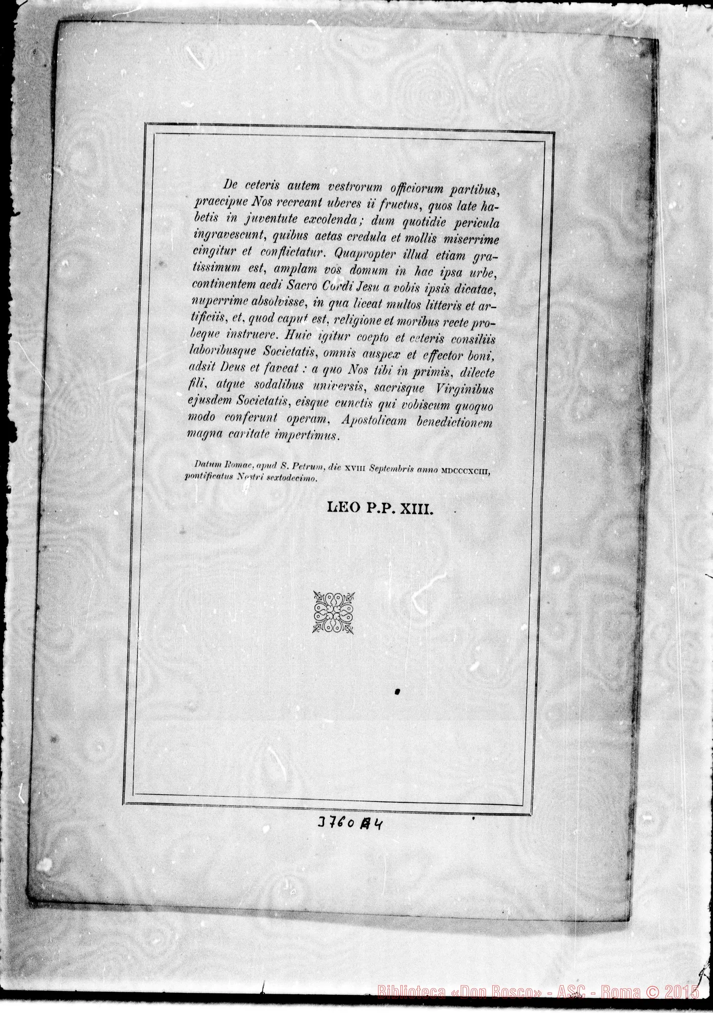 Fotogramma A 4 — Leone XIII, Papa Roma, 18-09-1893 Stampata in francese E latino