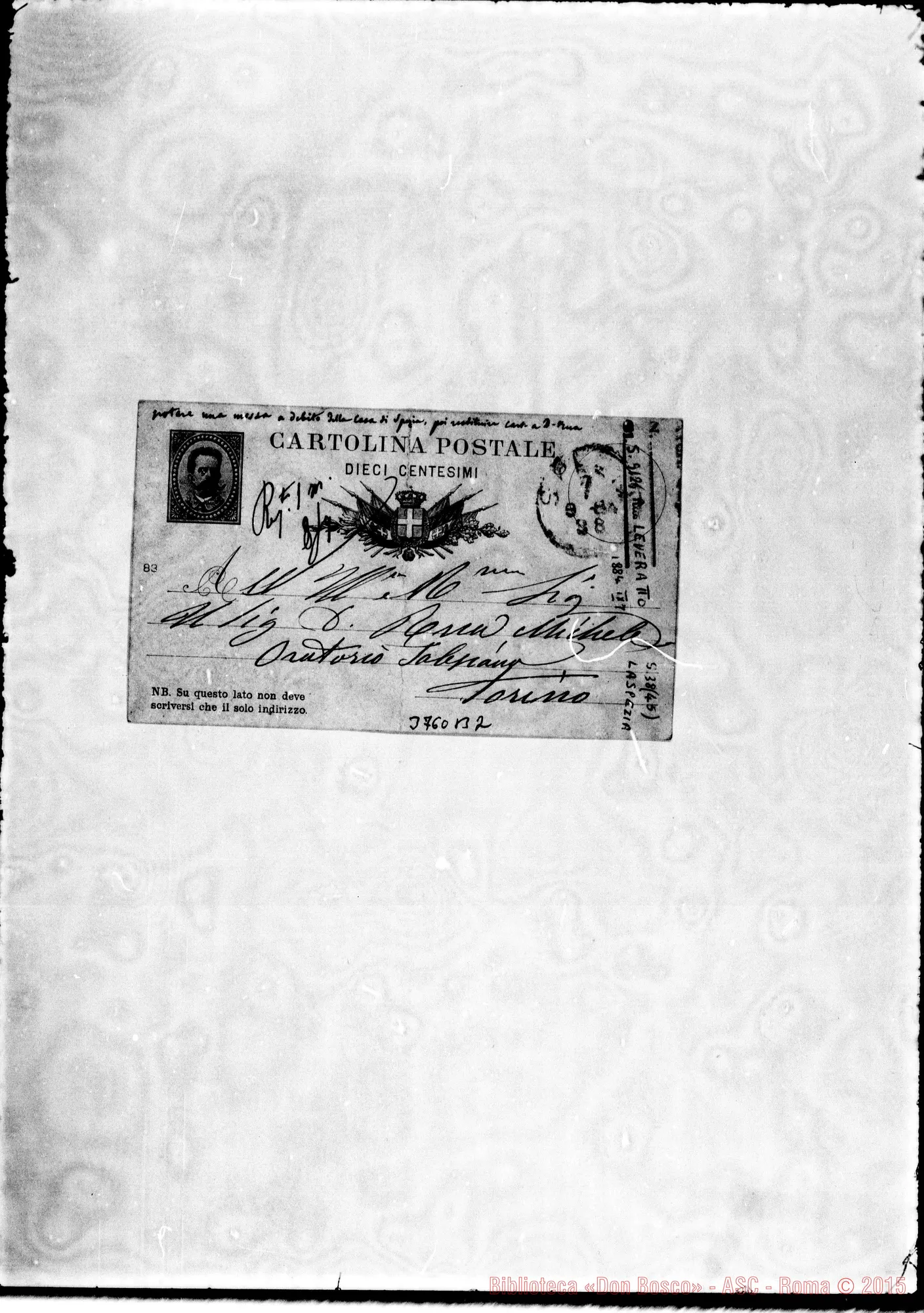 Fotogramma B 2 — Leveratto Giuseppe, SDB La Spezia, 7-09-1884 Autogr. Rua Cartolina