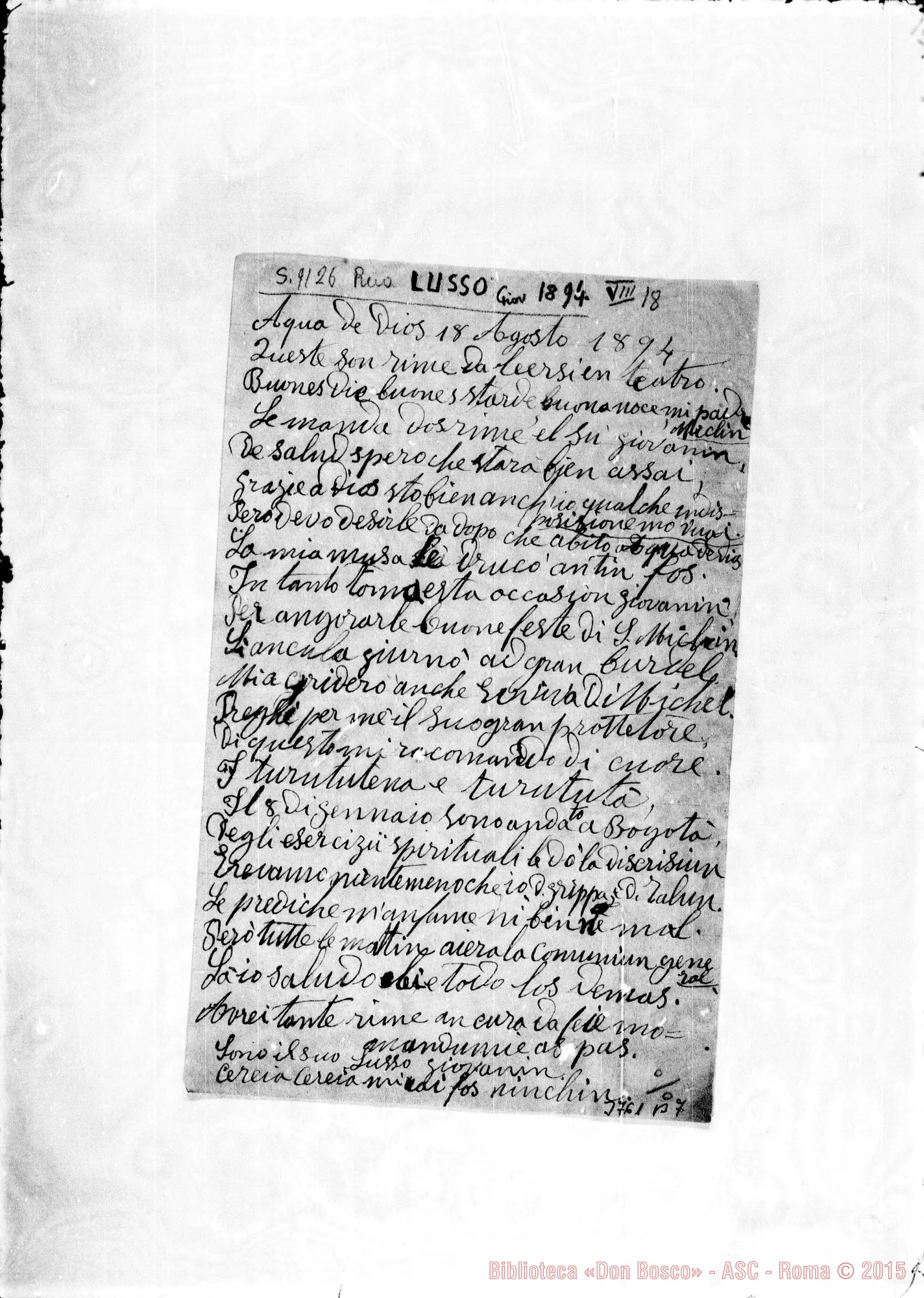 Fotogramma B 7 — Lusso Giovanni, SDB Aqua de Dios, 18-08-1894