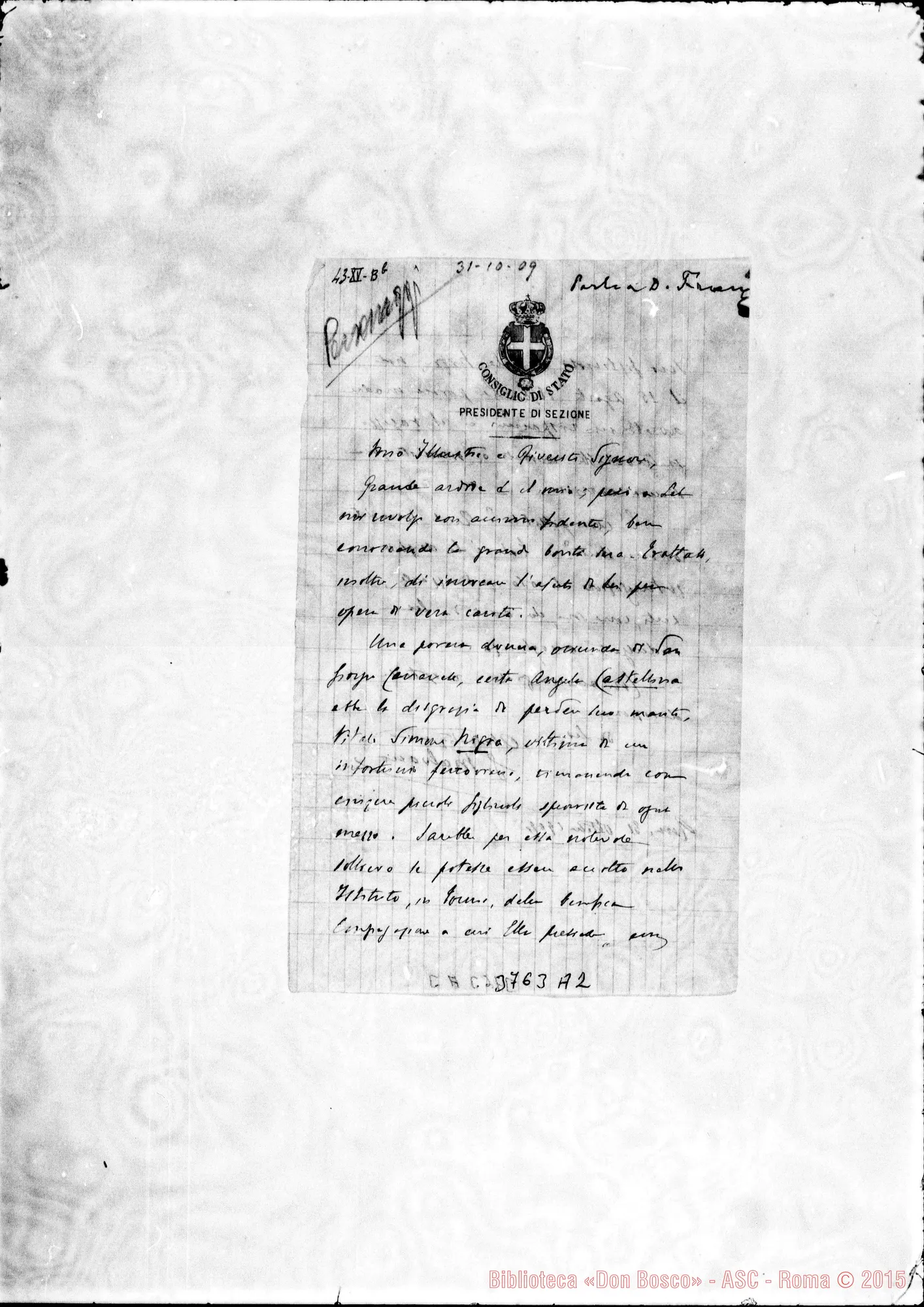 Fotogramma A 2 — Malvano G., del Con. Stato Roma, 31-10-1909 Autogr. Rua