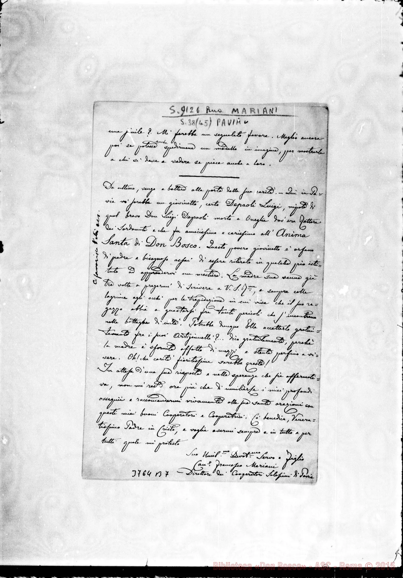 Fotogramma B 7 — Mariani Francesco, sac. Pavia, 14-02-1891 Autogr. Rua