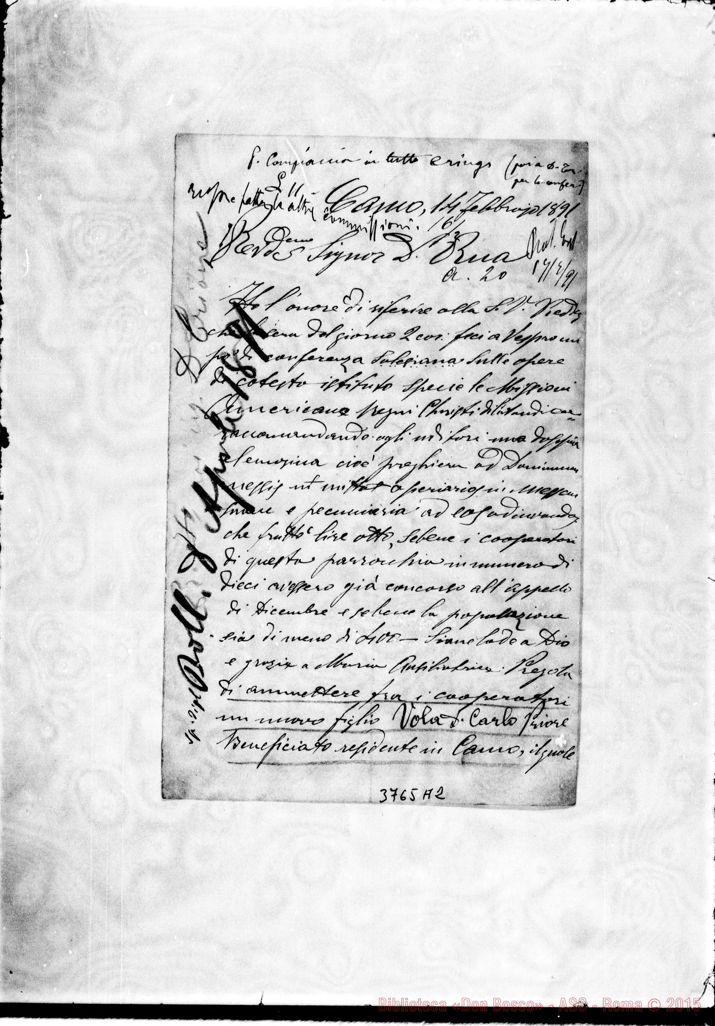 Fotogramma A 2 — Massa Giovanni, sac. Camo, 14-02-1891 Autogr. Rua