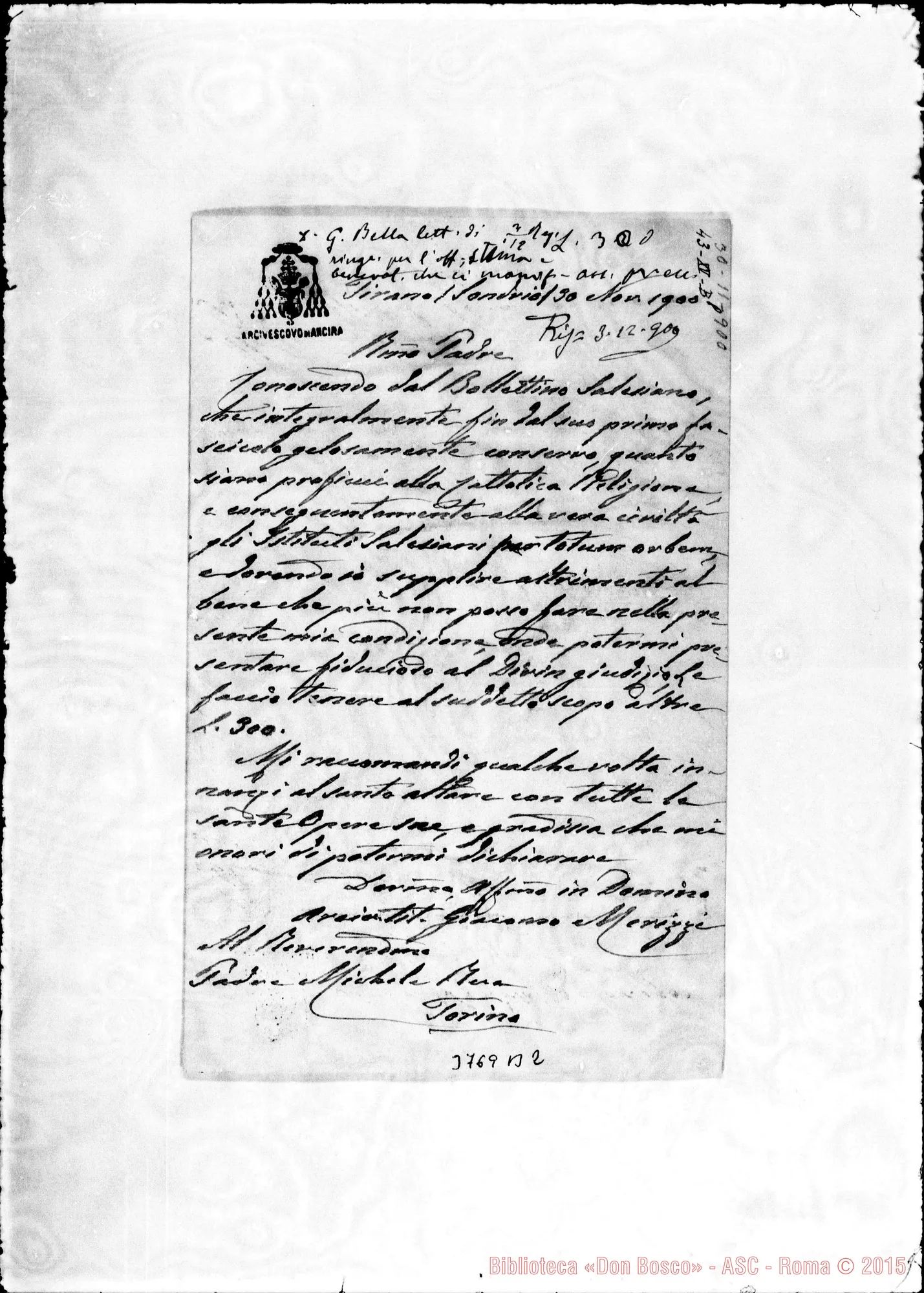 Fotogramma B 2 — Merizzi Giacomo, vesc. tit. di Ancira, 30-11-1900 Autogr. Rua