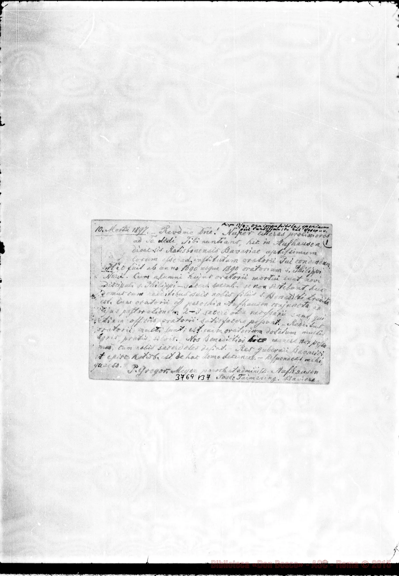 Fotogramma B 7 — Meyer Gregor, sac. Aufhausen, 10-03-1897 Cartolina