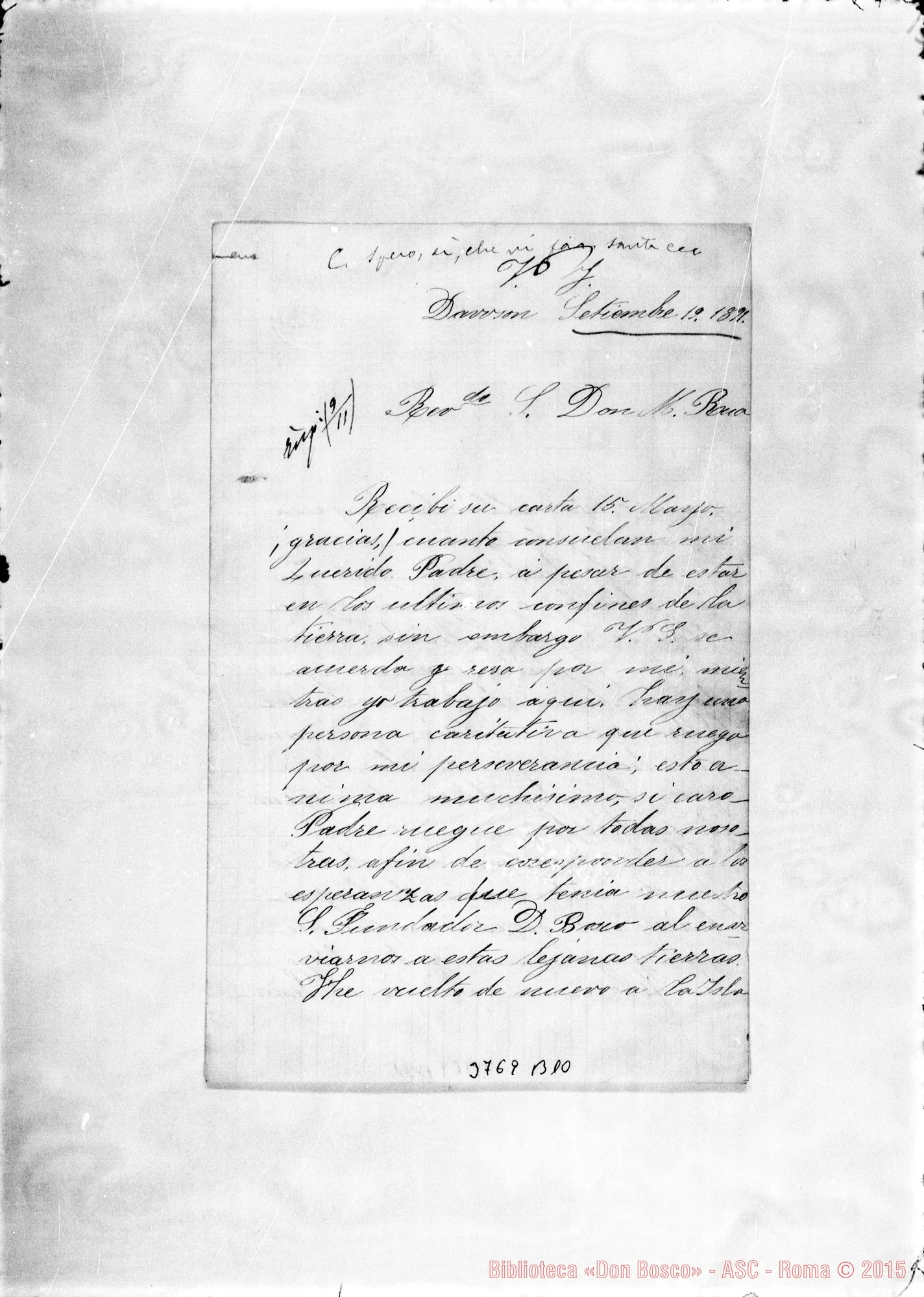 Fotogramma B 10 — Michetti Filomena, suora Dawson, 19-09-1891 Autogr. Rua