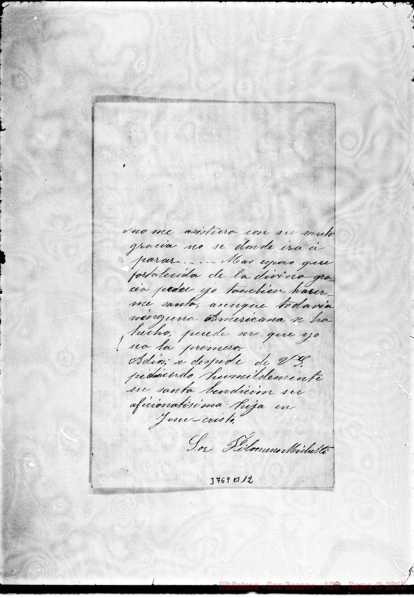 Fotogramma B 12 — Michetti Filomena, suora Dawson, 19-09-1891 Autogr. Rua