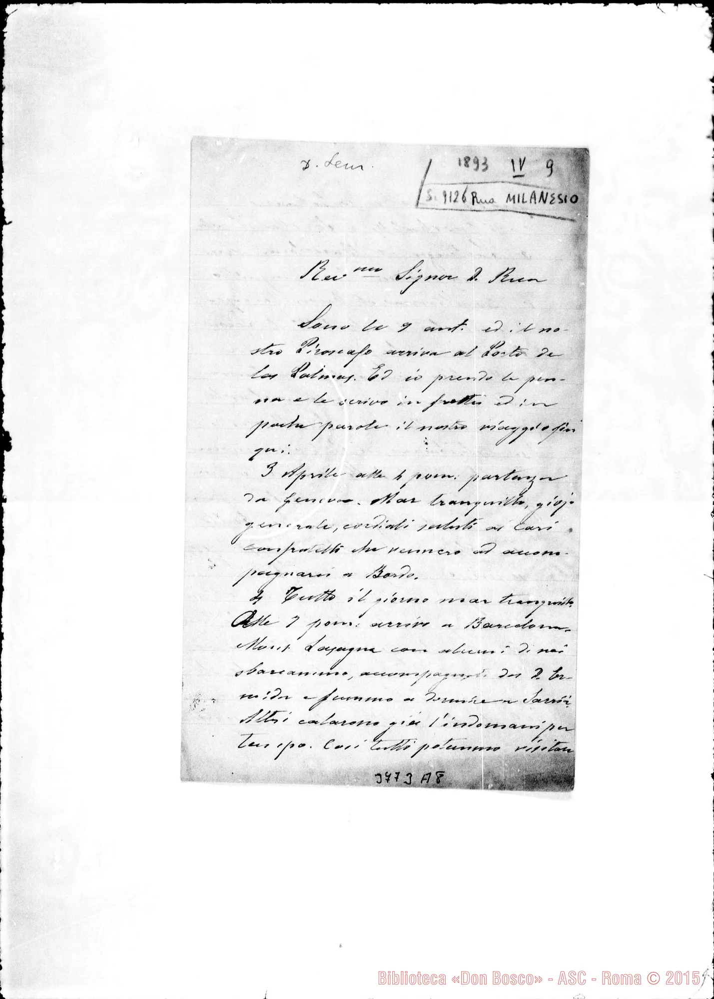 Fotogramma A 8 — « « Dal «Vittoria», 9-04-1893 Autogr. Rua