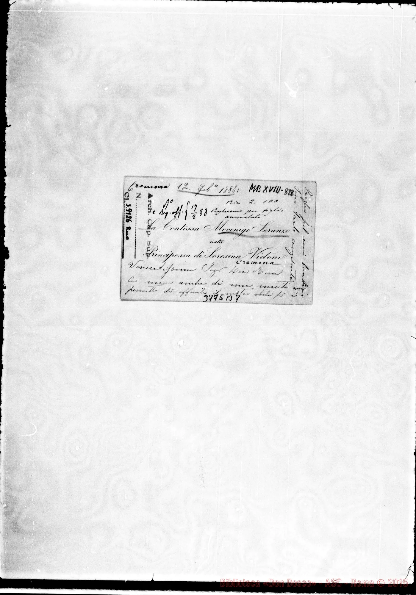 Fotogramma B 7 — Mocenigo Soranzo, C.ssa Cremona, 12-02-1888 Bigliettino