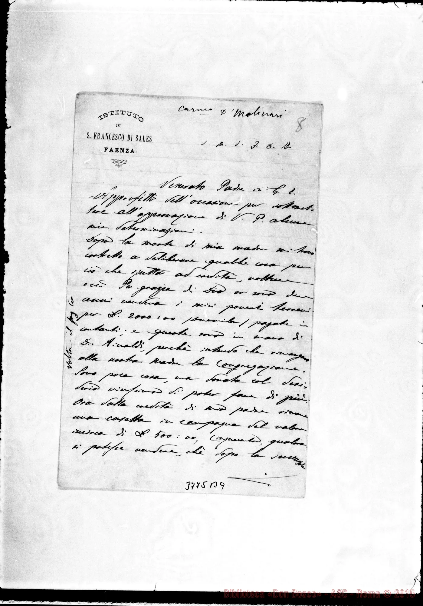 Fotogramma B 9 — Molinari Bartolomeo, SDB Faenza, 9-02-1895 Autogr. Rua