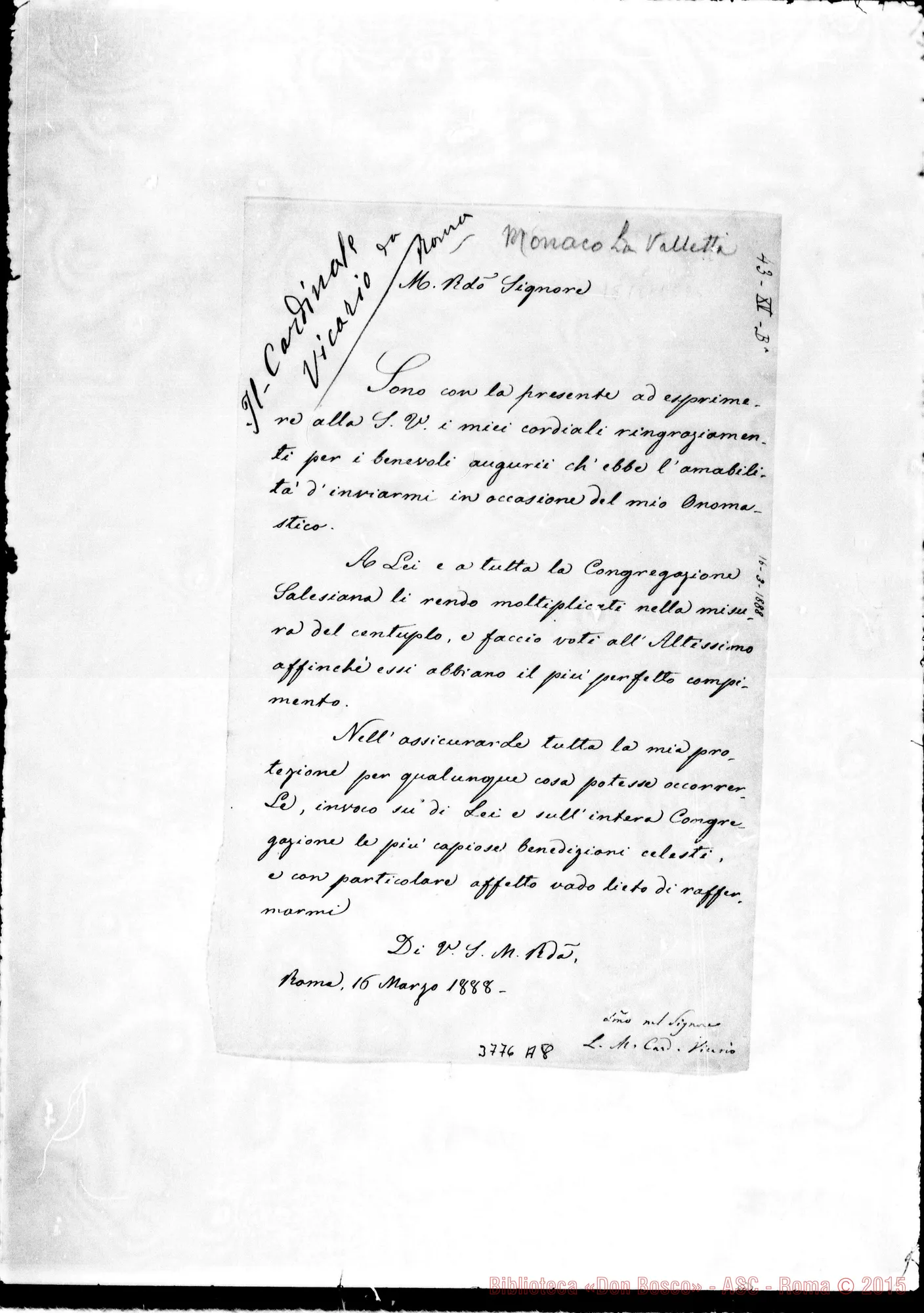 Fotogramma A 8 — Monaco La Valletta Raffaele, card. Roma, 16-03-1888