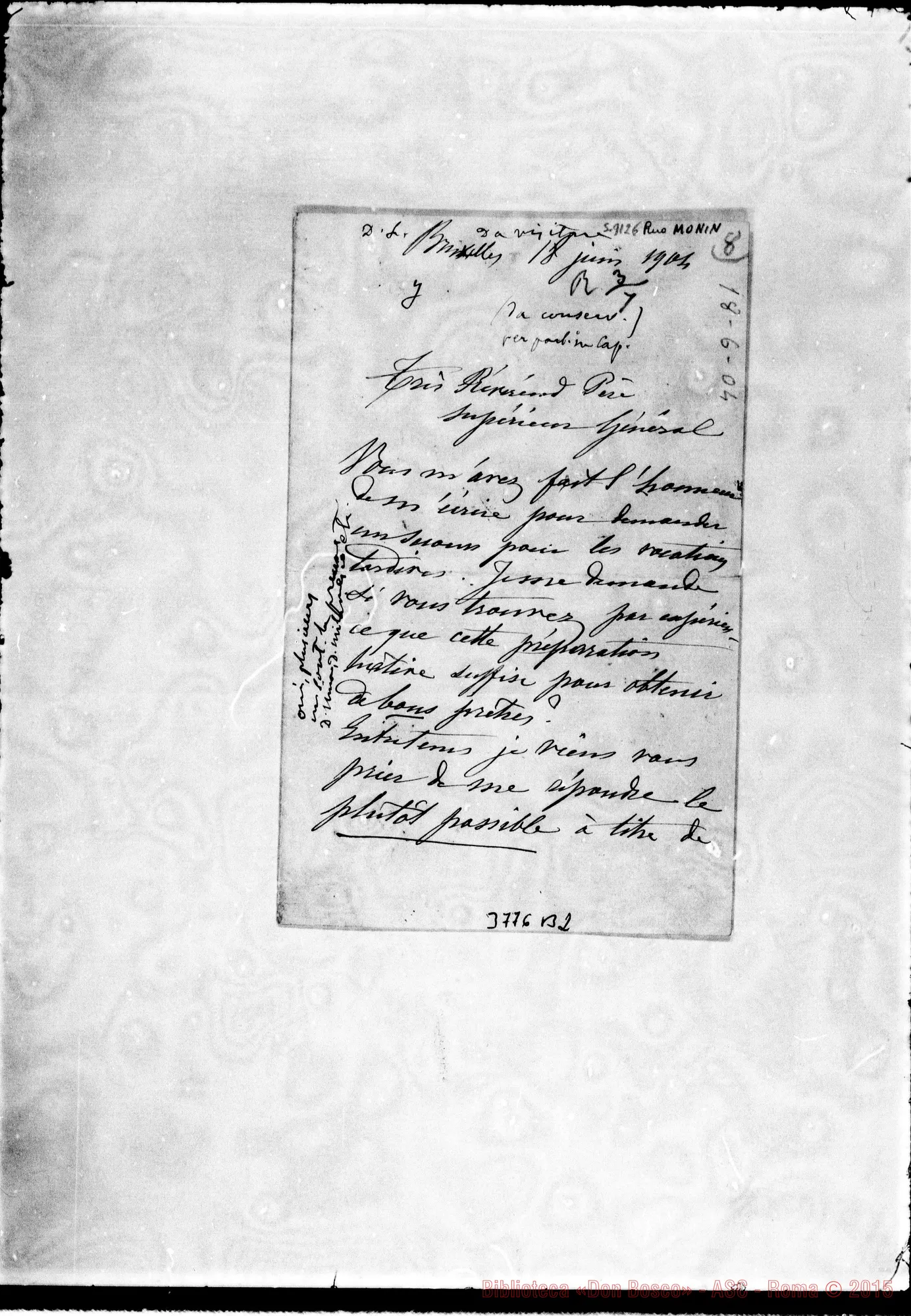 Fotogramma B 2 — Monin, barone Bruxelles, 18-06-1904 Autogr. Rua